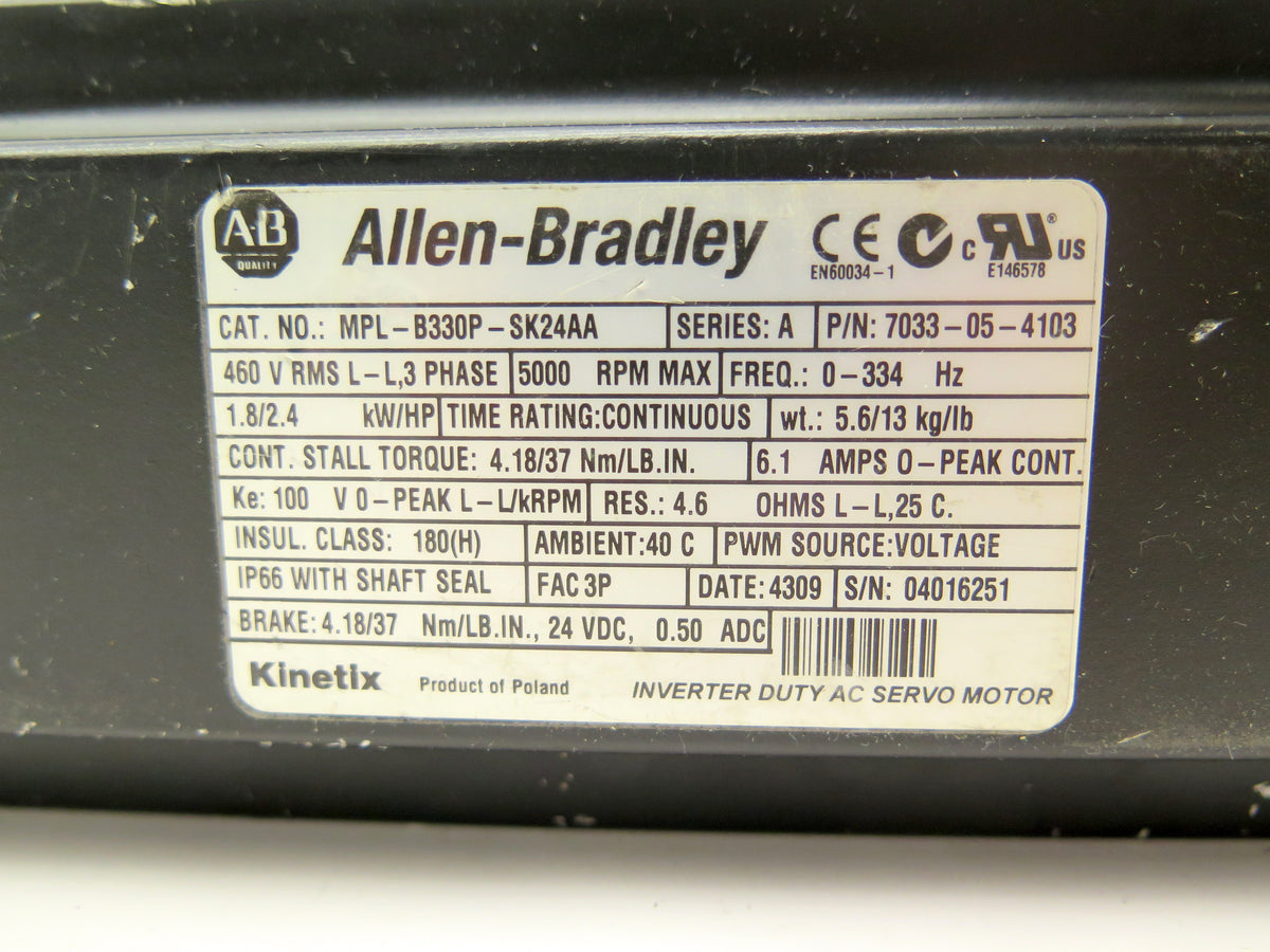Allen-Bradley MPL-B330P-SK24AA Inverter Duty AC Servo Motor 1.8kW / 2.4HP 460V - Advance Operations