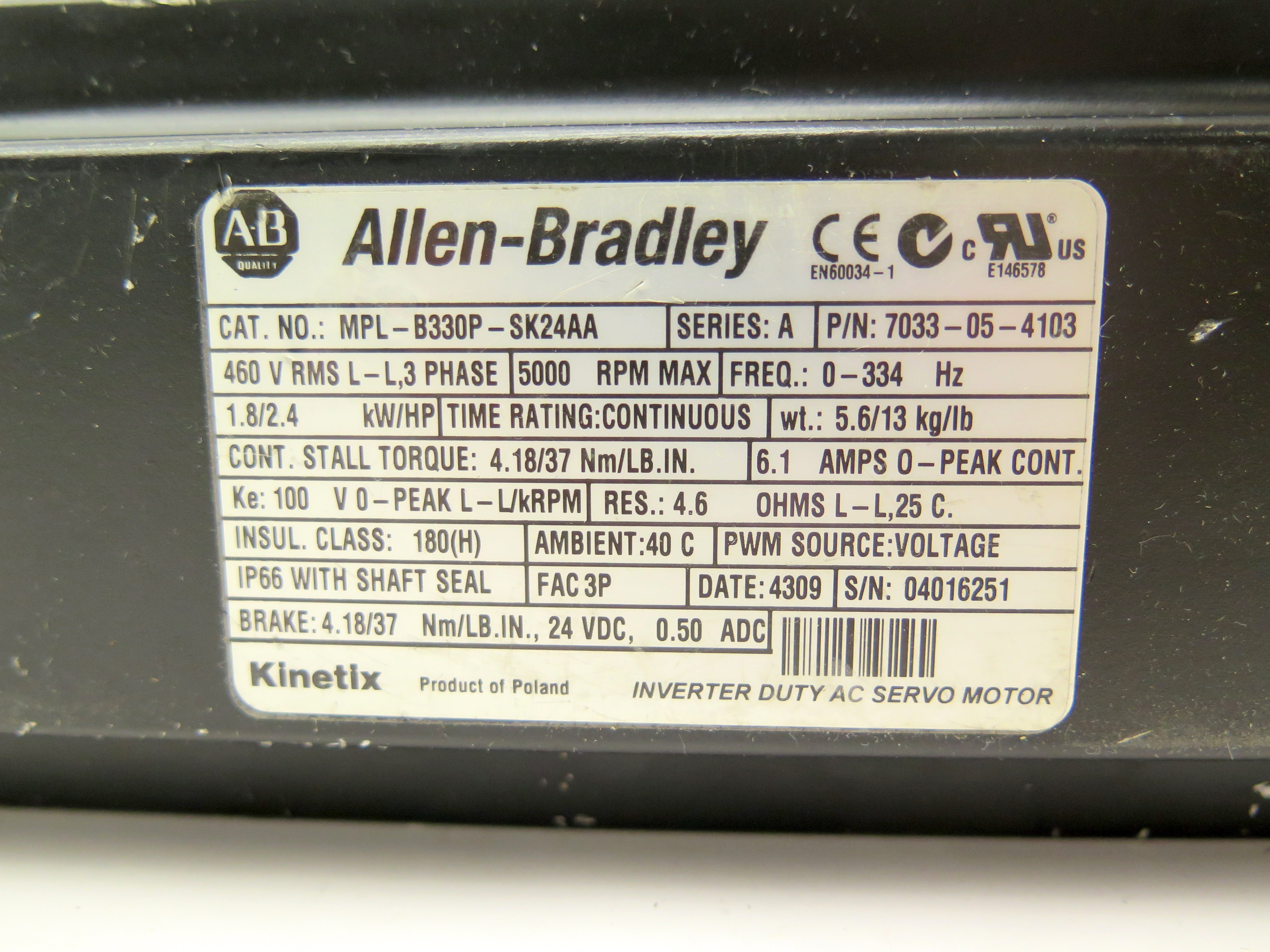 Allen-Bradley MPL-B330P-SK24AA Inverter Duty AC Servo Motor 1.8kW / 2.4HP 460V - Advance Operations
