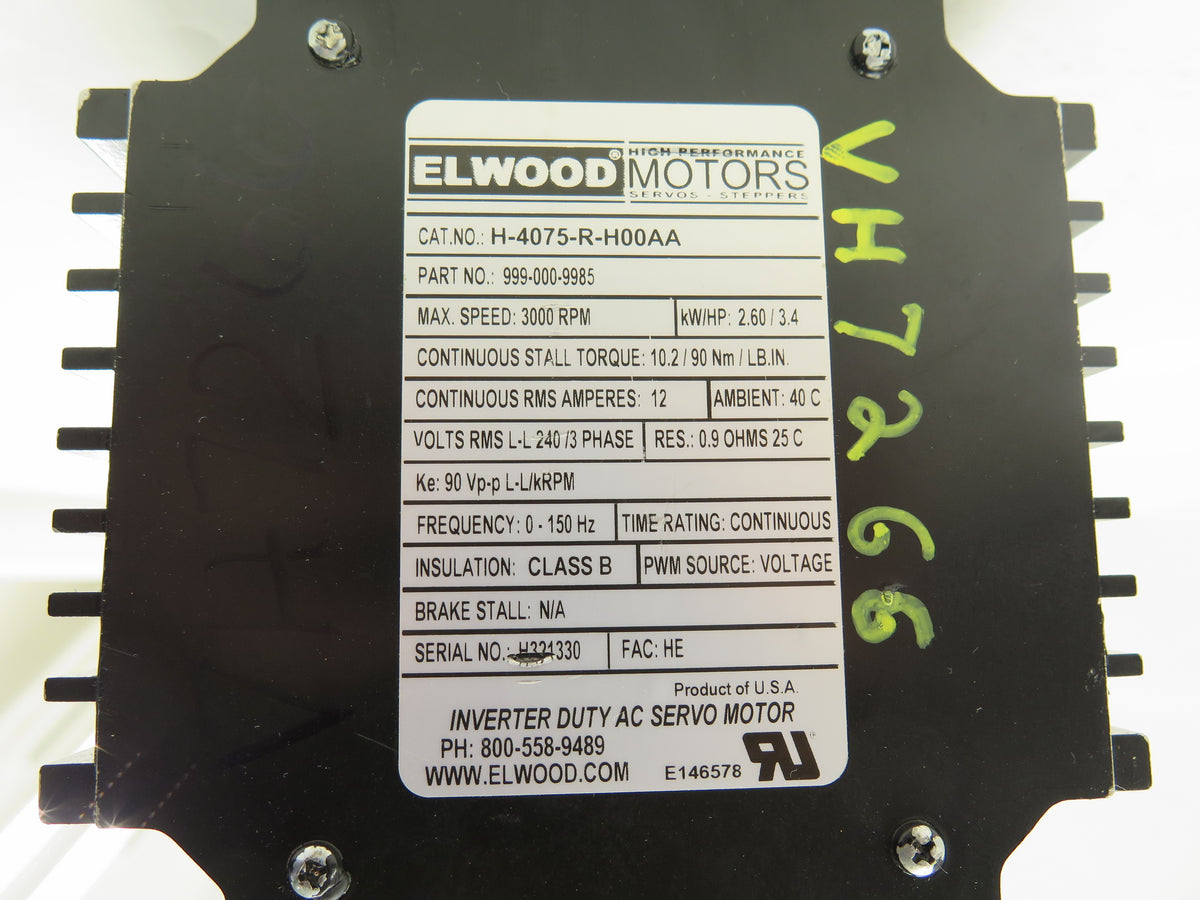 Elwood Corporation H-4075-R-H00AA Servo Motor 2.6kW / 3.4HP 240V 3 PH - Advance Operations