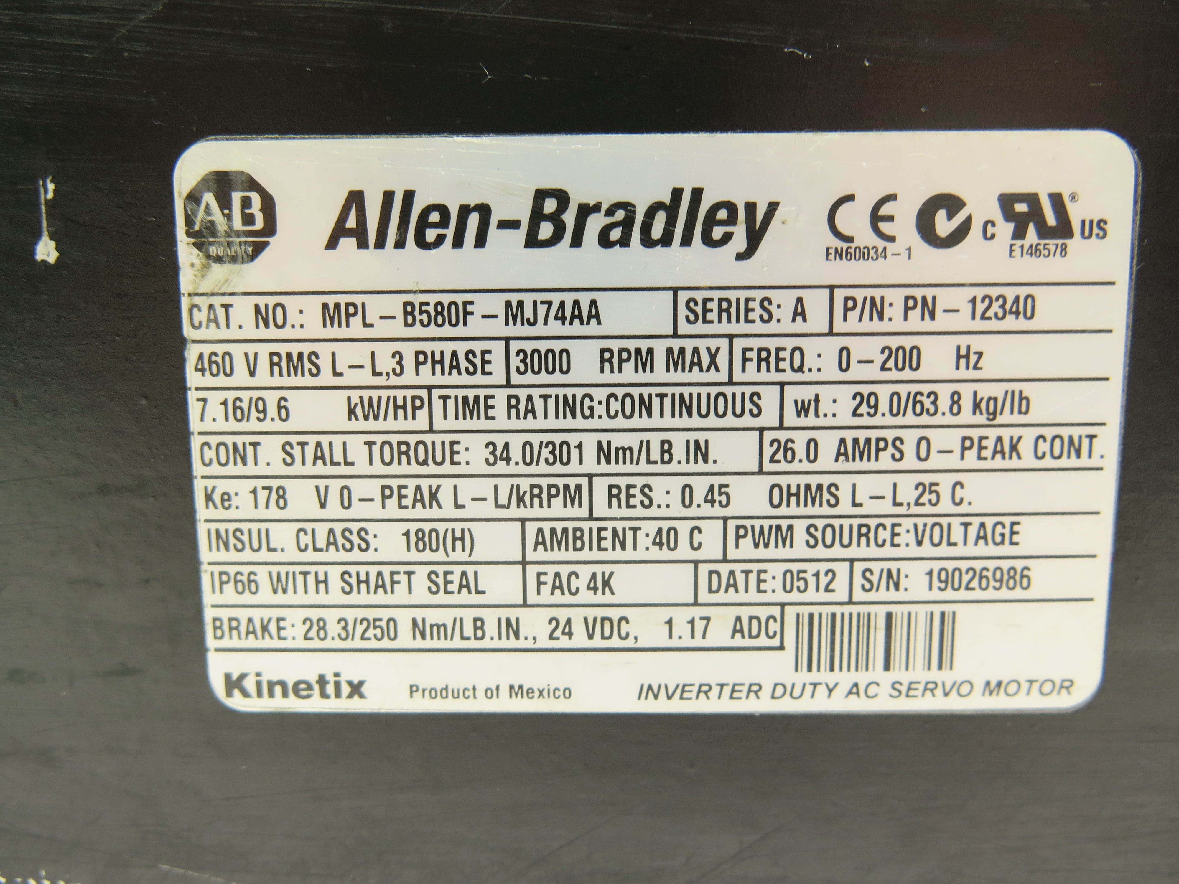 Allen-Bradley MPL-B580F-MJ74AA Inverter Duty AC Servo Motor 7.16kW / 9.6HP - Advance Operations