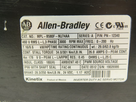 Allen-Bradley MPL-B580F-MJ74AA Inverter Duty AC Servo Motor 7.16kW / 9.6HP - Advance Operations
