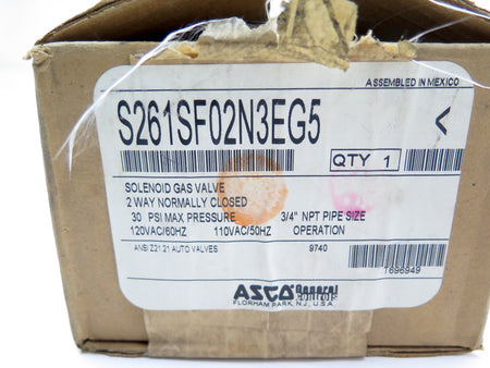 Asco S261SF02N3EG5 Solenoid Gas Valve 2 Way Normally Closed 3/4 NPT - Advance Operations
