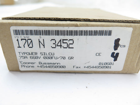 Bussmann 170 N 3452 Power Fuse TYPOWER SILCU 75A 660V LOT OF 4 - Advance Operations