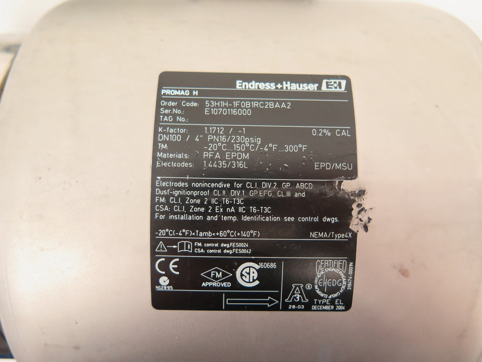 Endress + Hauser 53H1H-1F0B1RC2BAA2 Promag H Magnetic Flow Meter 4" - Advance Operations