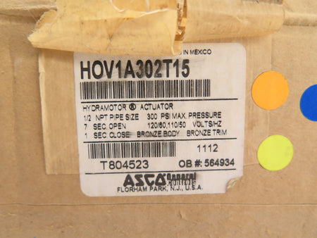 Asco HOV1A302T15 Hydramotor Actuator 1/2NPT 300Psi 120/60 - Advance Operations