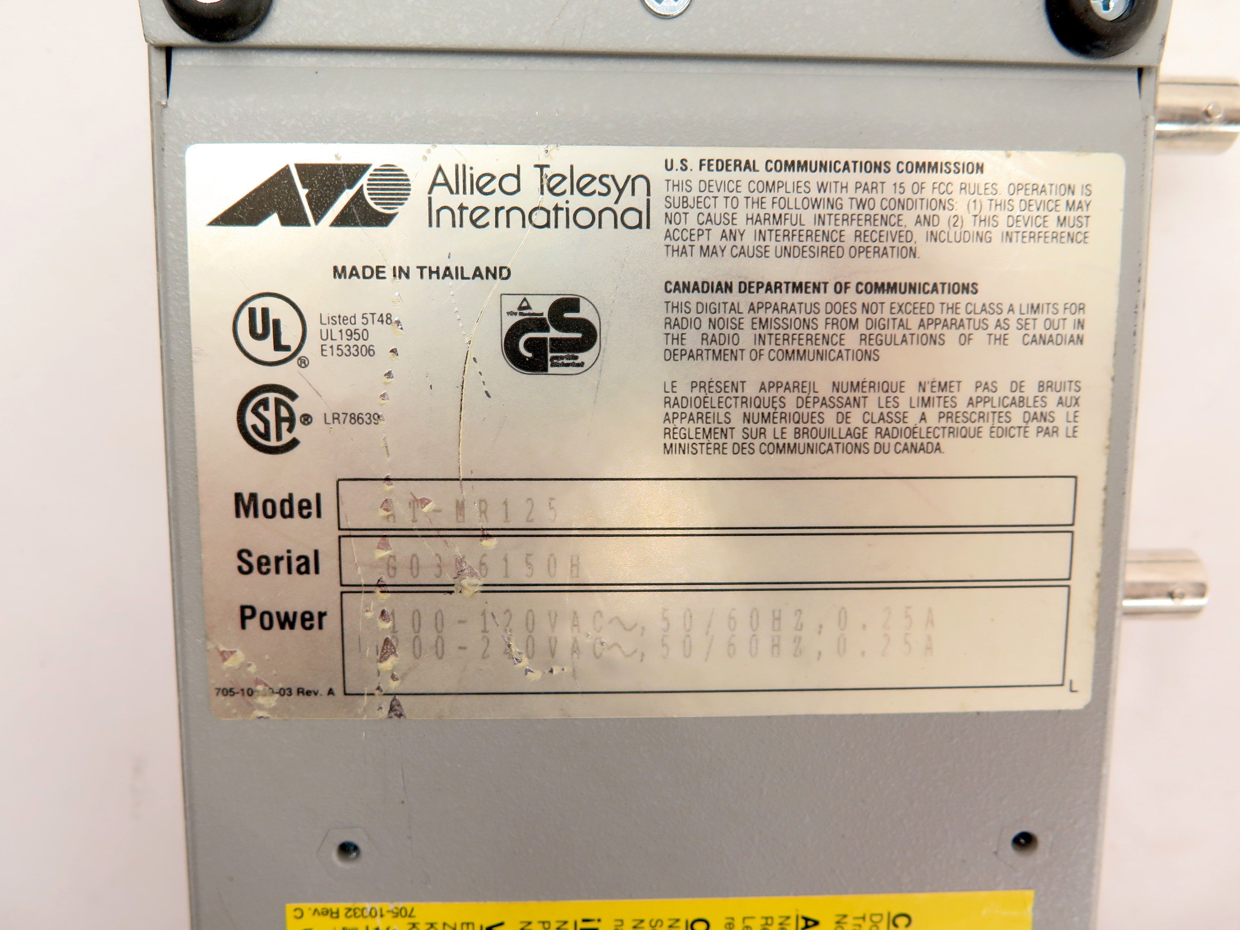 ALLIED TELESIS AT-MR125-10 IEEE 802.3 Micro Repeater - Advance Operations