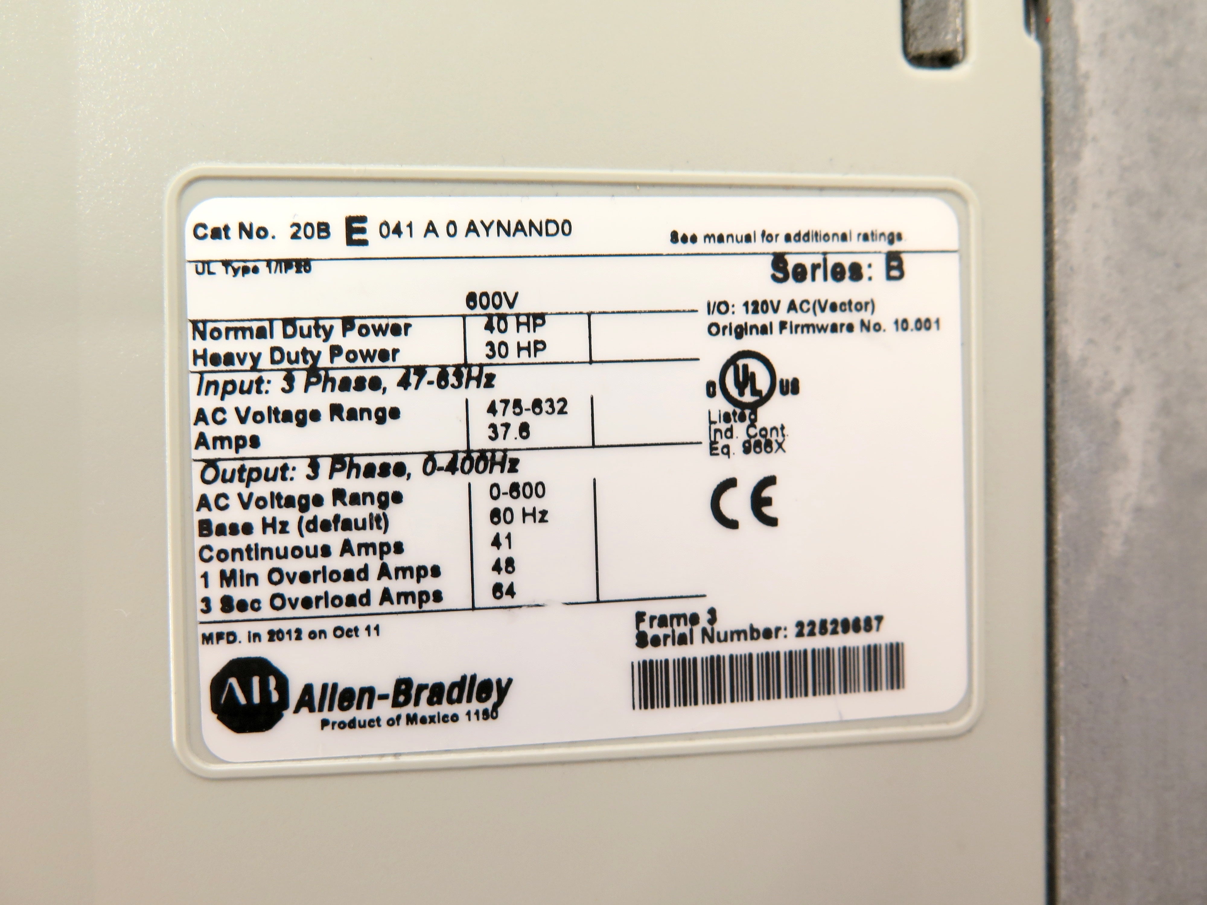 Allen-Bradley 20 B E 041 A 0 AYNAND0 Powerflex700 40HP AC Drive 475-632Vac - Advance Operations