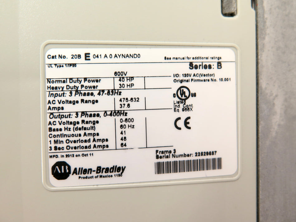Allen-Bradley 20 B E 041 A 0 AYNAND0 Powerflex700 40HP AC Drive 475-632Vac - Advance Operations