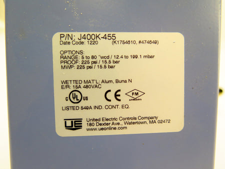 United Electric J400K-455 1/4NPT 480Vac Pressure Switch - Advance Operations