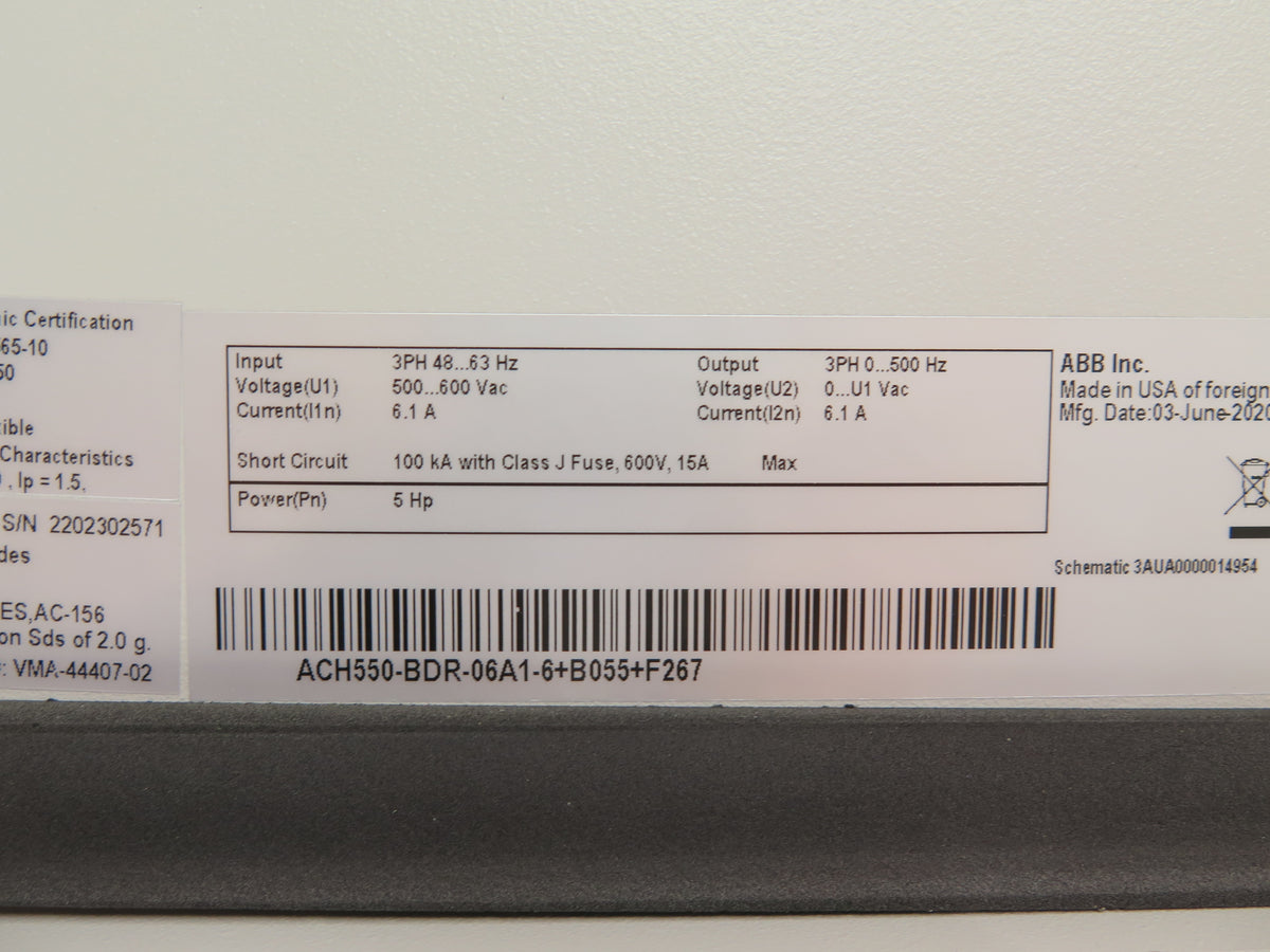 ABB ACH550-BDR-06A1-6+B055+F267 HVAC AC Drive 500-600Vac 5HP - Advance Operations