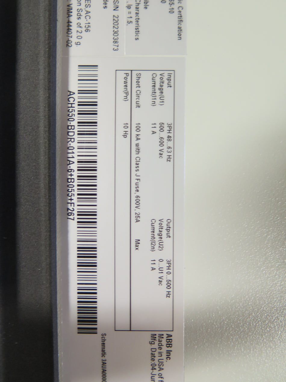 ABB ACH550-BDR-011A-6+B055+F267 Hvac AC Drive 10HP 500-600Vac 11A V2 - Advance Operations