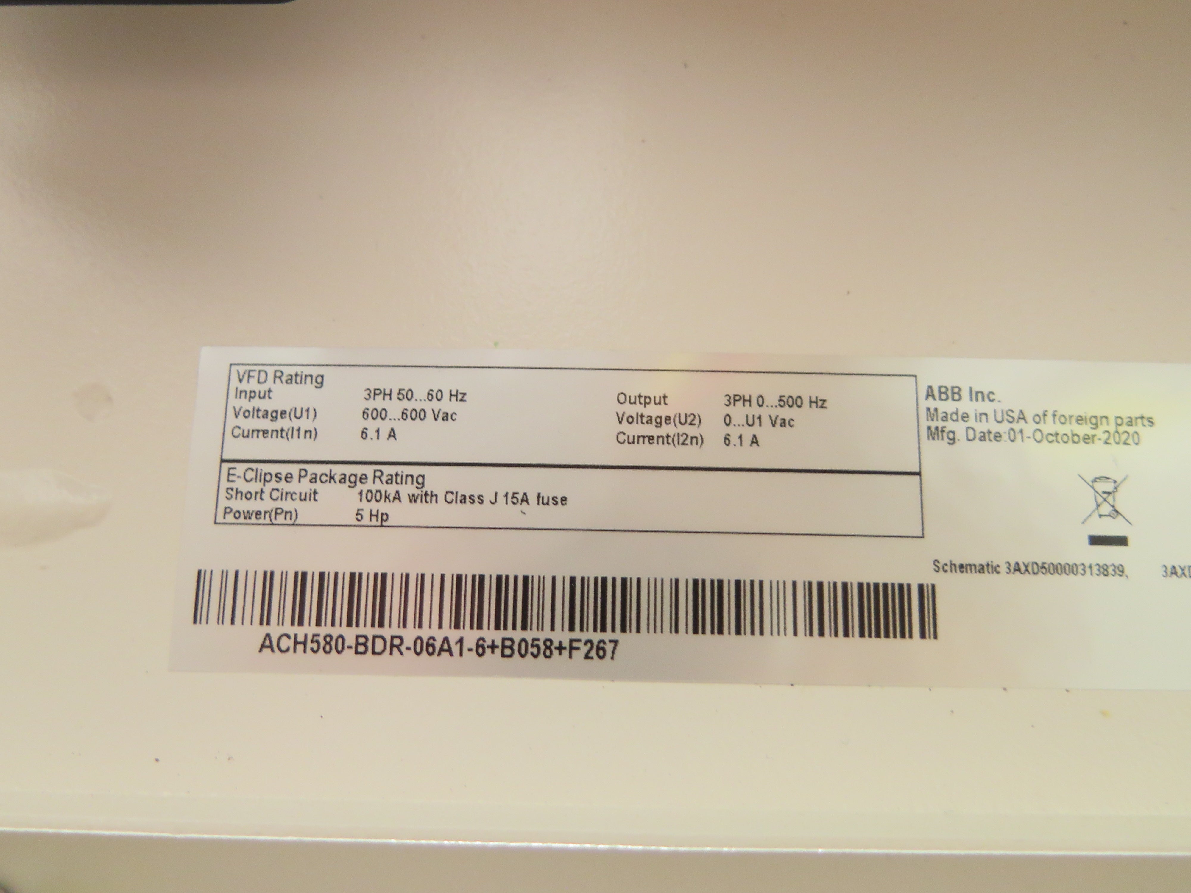 ABB ACH580-BDR-06A1-6+B058+F267 HVAC AC Drive 5HP 600VAc 6.1A - Advance Operations