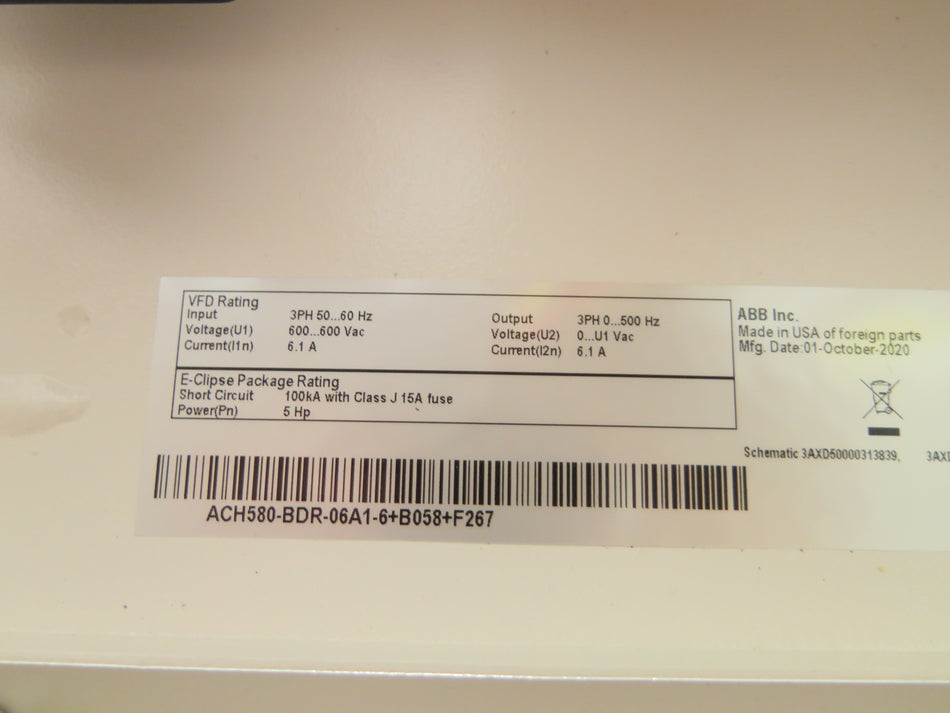 ABB ACH580-BDR-06A1-6+B058+F267 HVAC AC Drive 5HP 600VAc 6.1A - Advance Operations