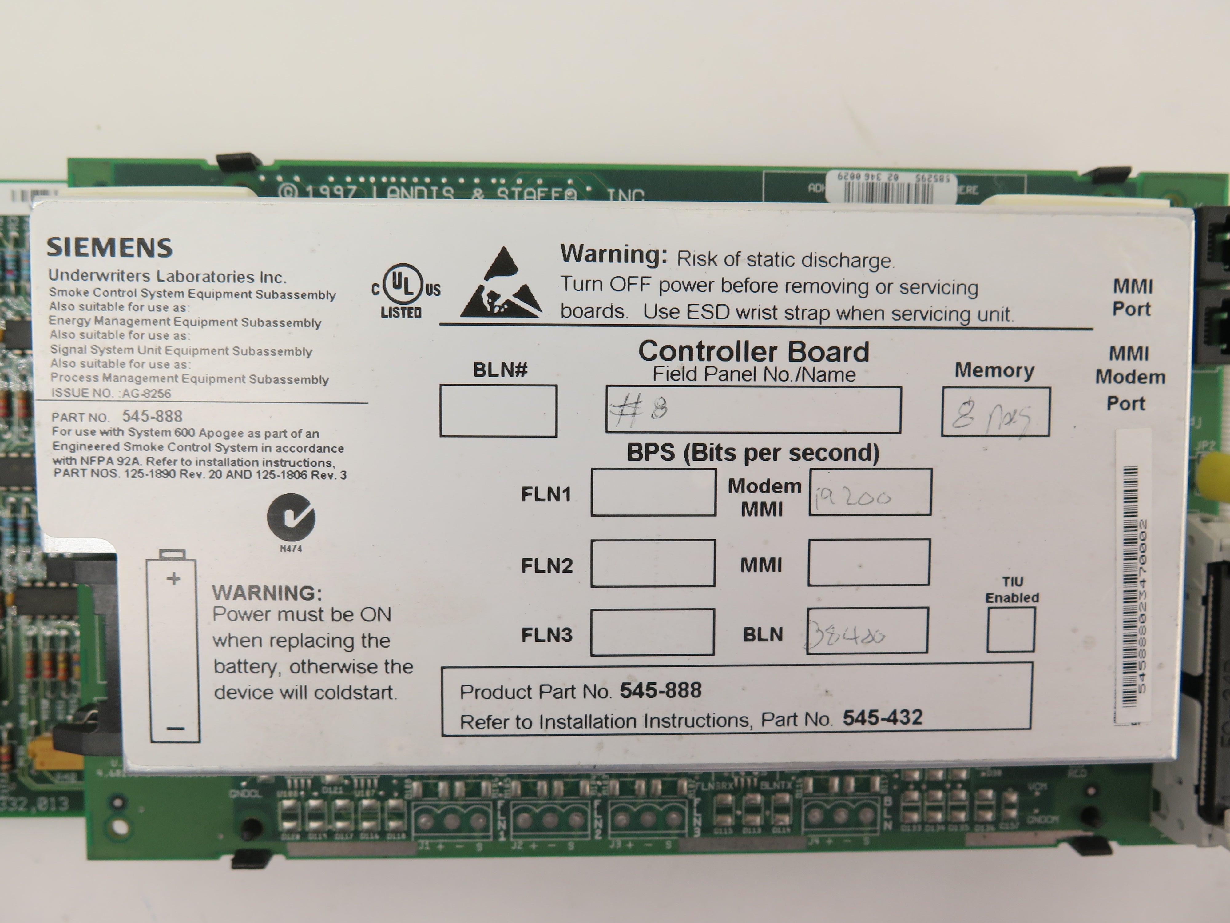Siemens 545-888 SCU Controller Board 545-432 - Advance Operations
