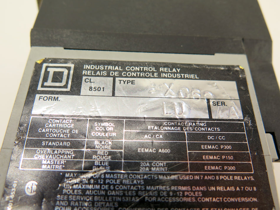 Square D / Schneider X060 Industrial Control Relay 20A 110/120V - Advance Operations