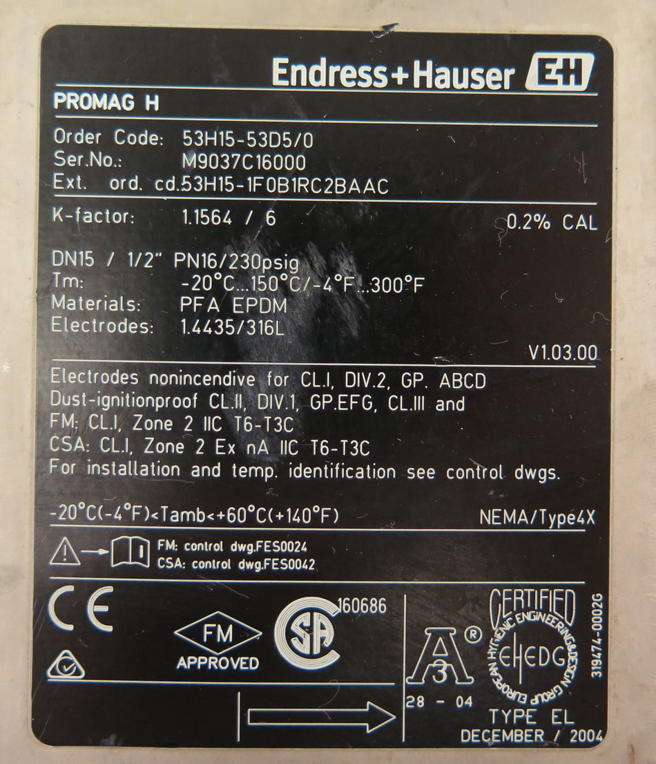Endress + Hauser 53H15-53D5/0 Promag H 1/2" PN18/230PSIG Flow Meter Stainless - Advance Operations