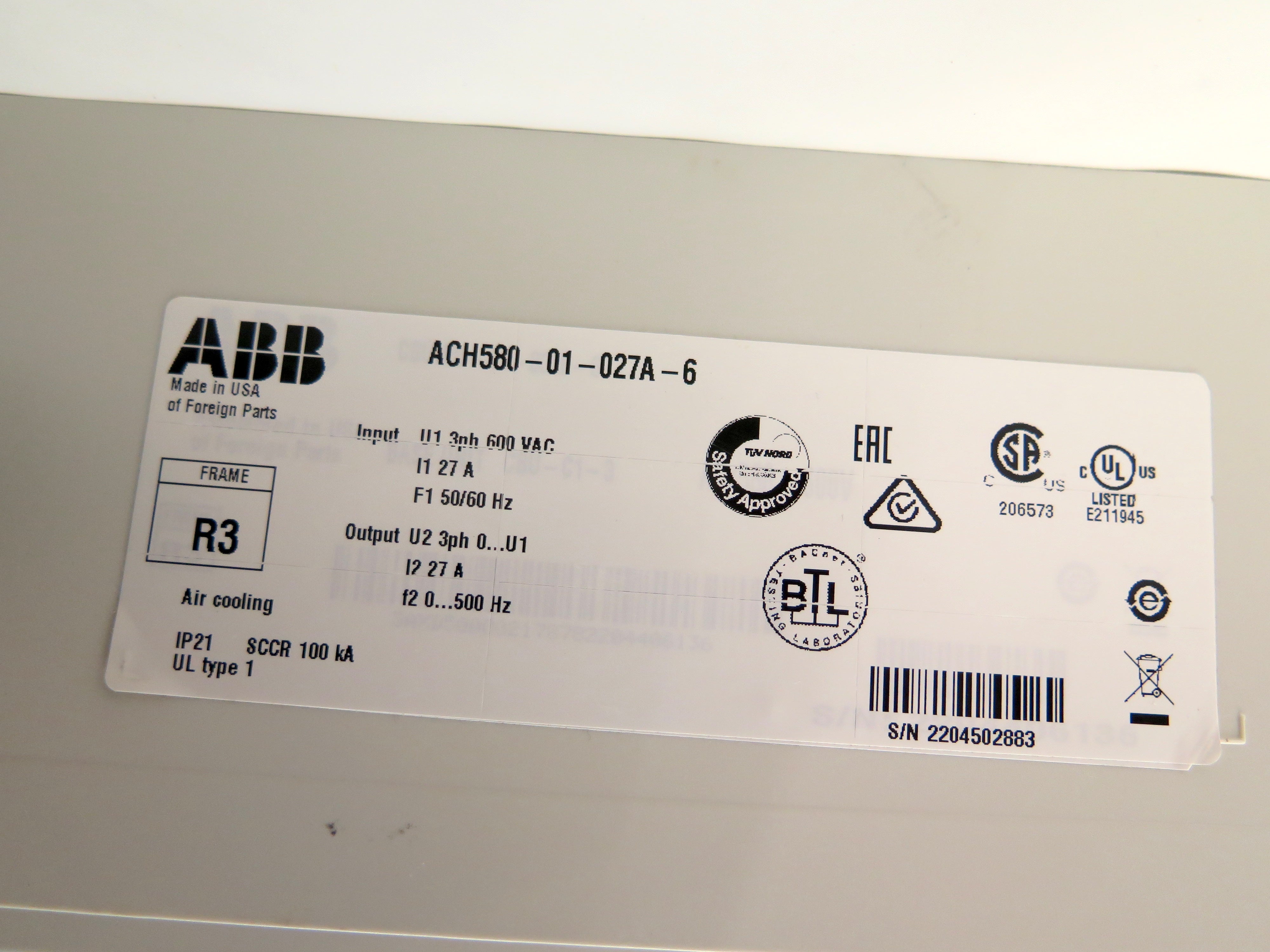 ABB ACH580-01-027A-6 AC Drive 25HP 600V 27A - Advance Operations