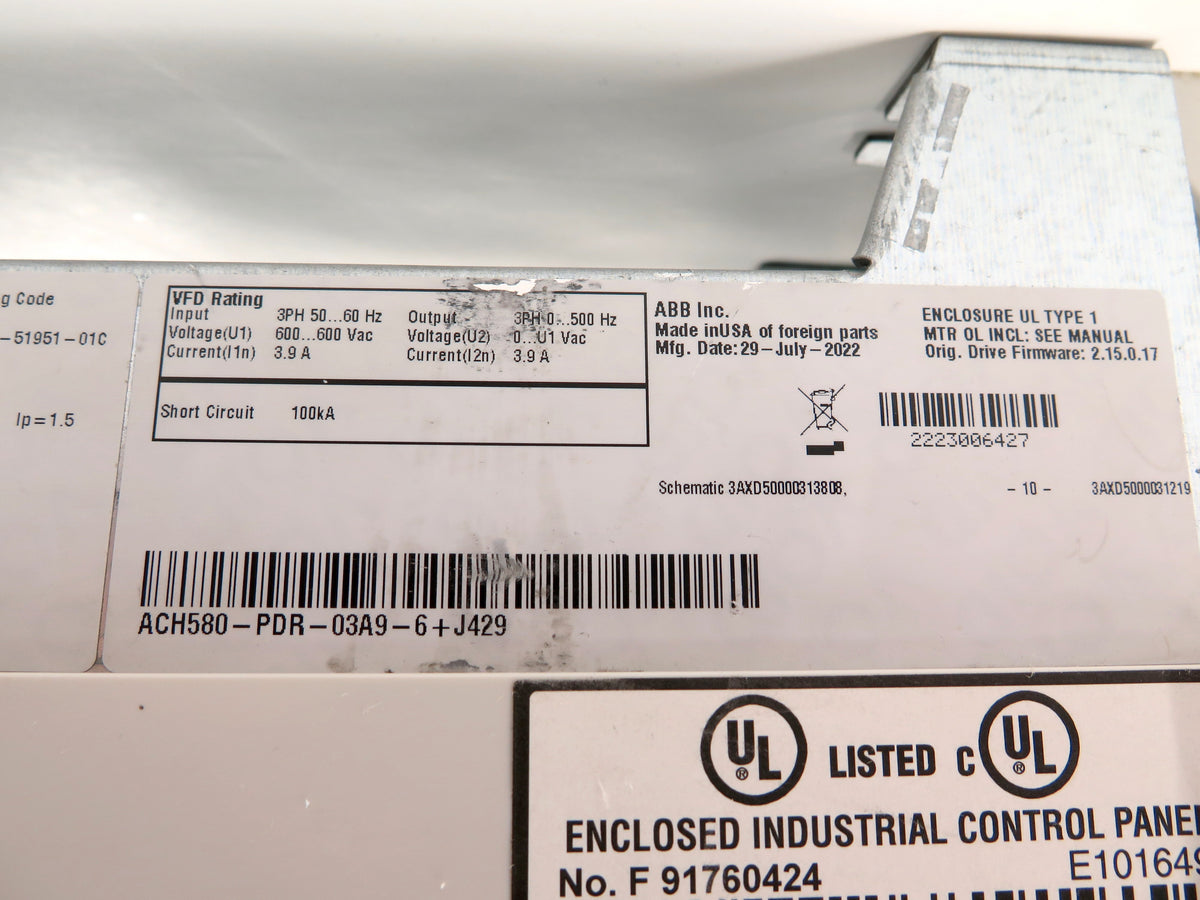 ABB ACH580-PDR-03A9-6 HVAC AC Drive 3HP Bluetooth 600Vac 3.9A - Advance Operations