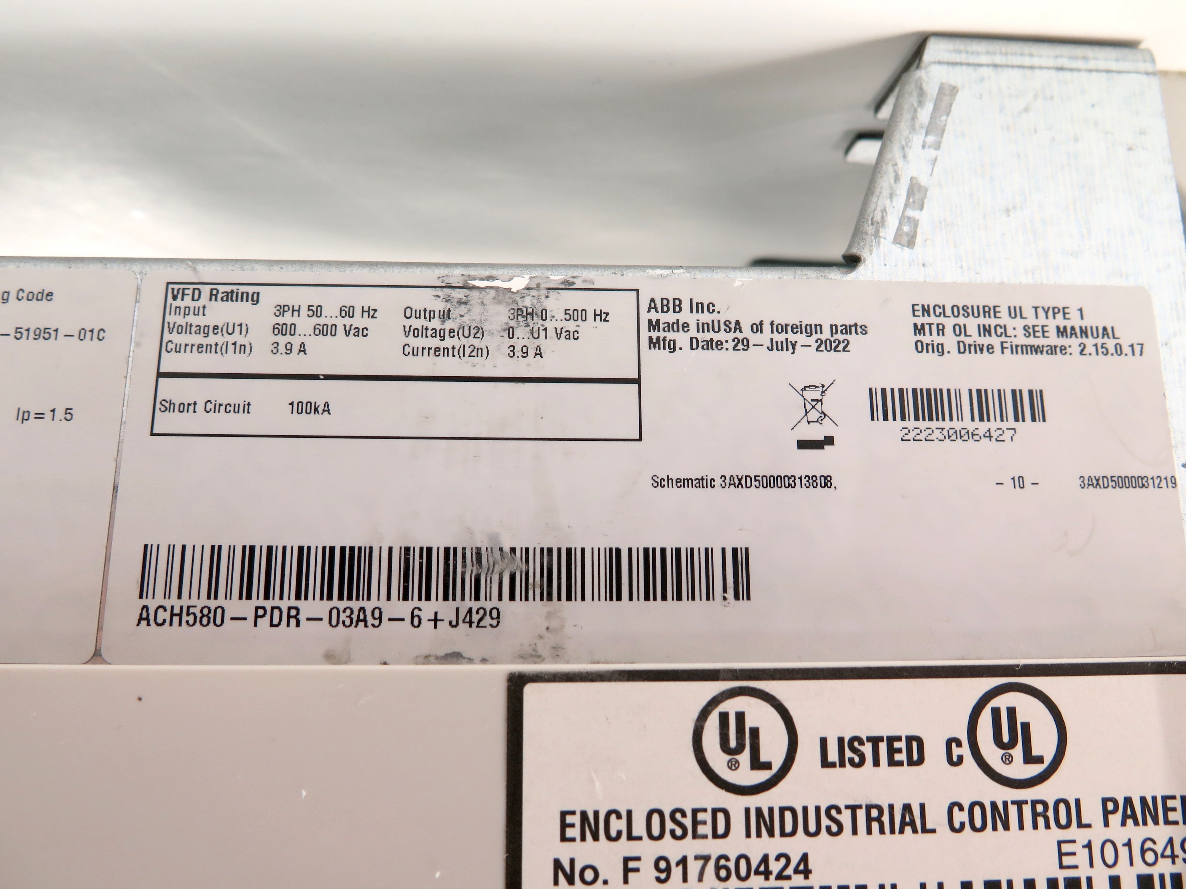 ABB ACH580-PDR-03A9-6 HVAC AC Drive 3HP Bluetooth 600Vac 3.9A - Advance Operations