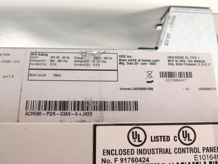 ABB ACH580-PDR-03A9-6 HVAC AC Drive 3HP Bluetooth 600Vac 3.9A - Advance Operations