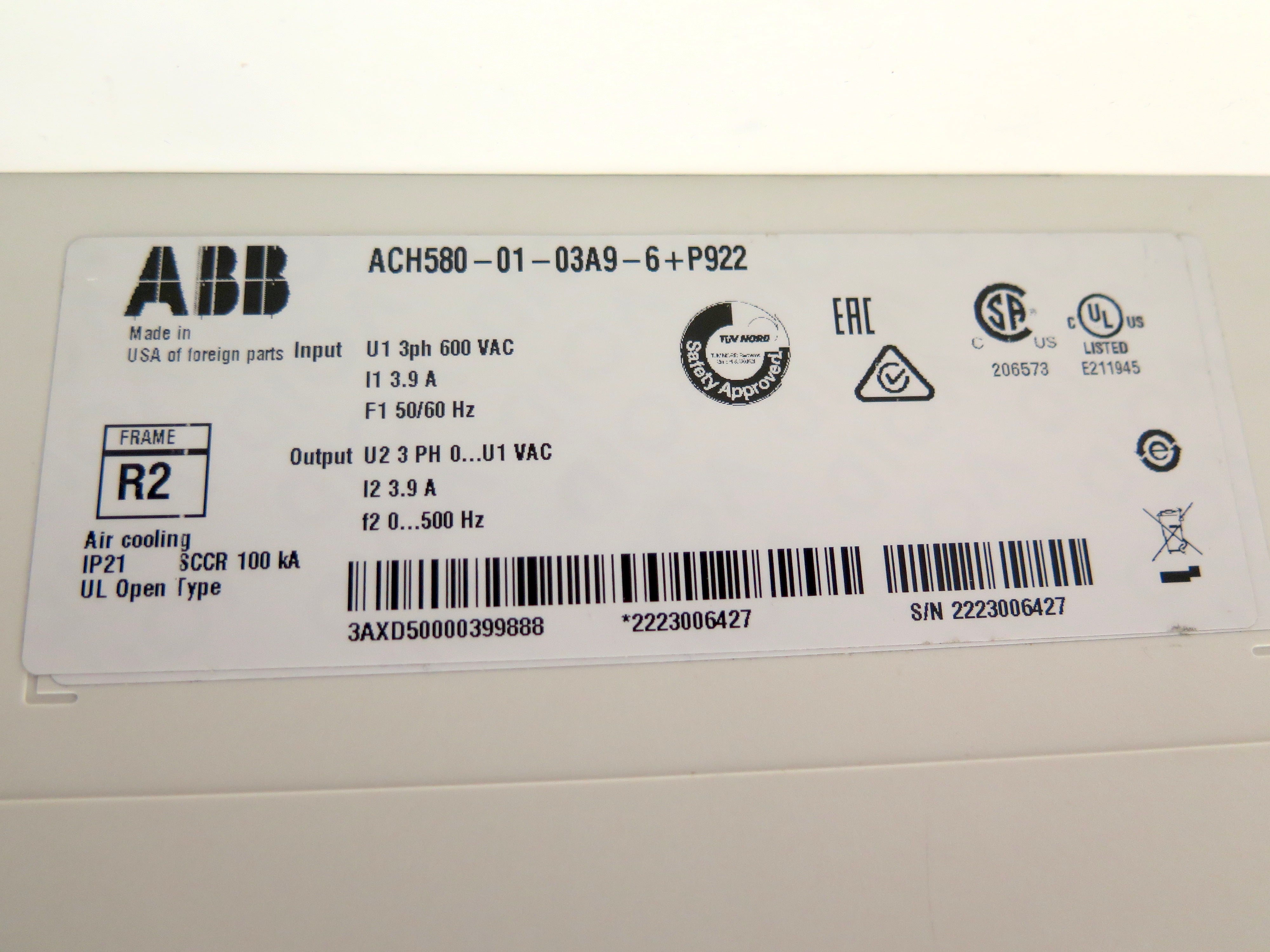 ABB ACH580-PDR-03A9-6 HVAC AC Drive 3HP Bluetooth 600Vac 3.9A - Advance Operations