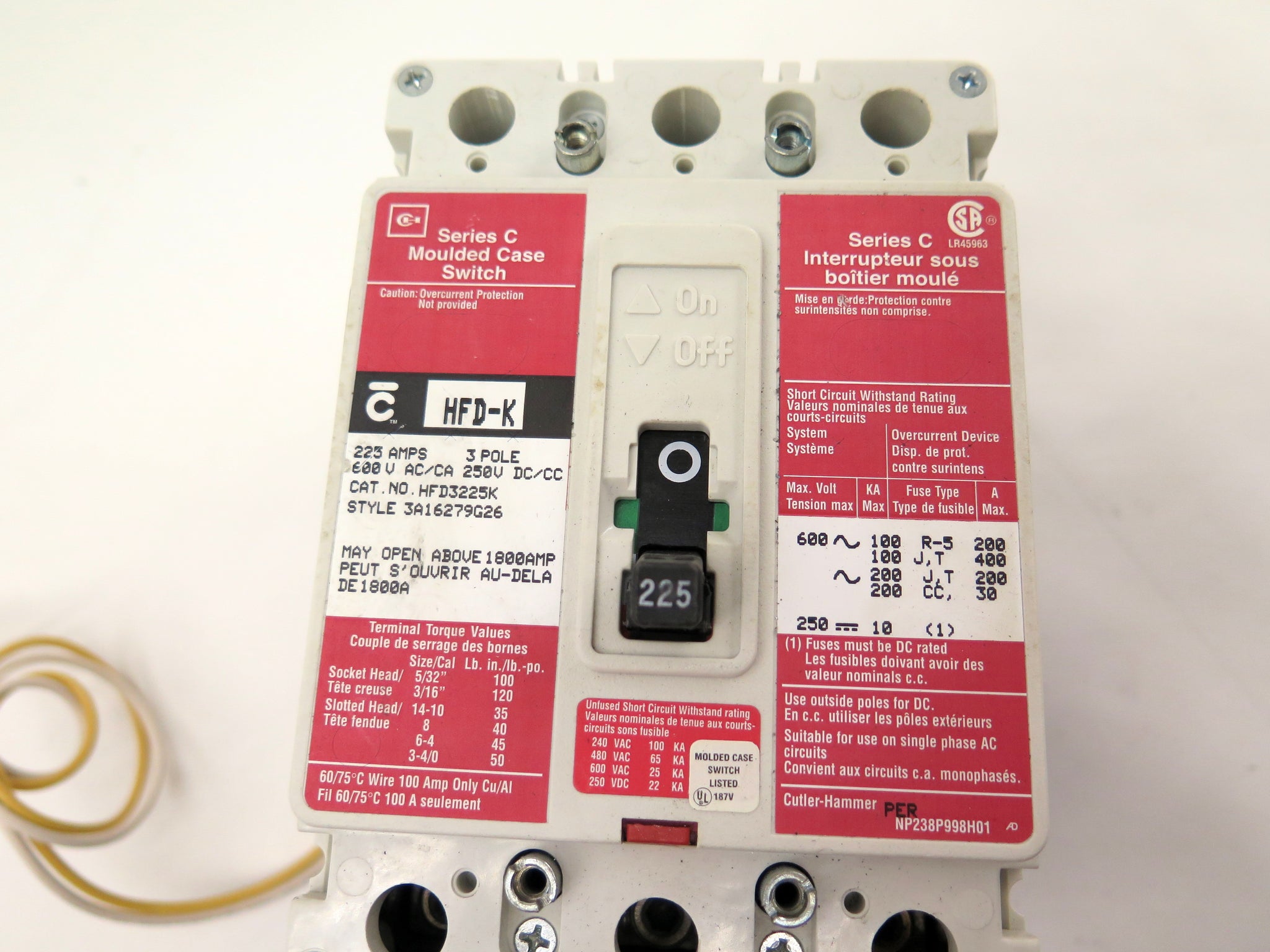 Cutler-Hammer HFD3225K Circuit Breaker / Disconnect Switch 225A 3P 600 ...