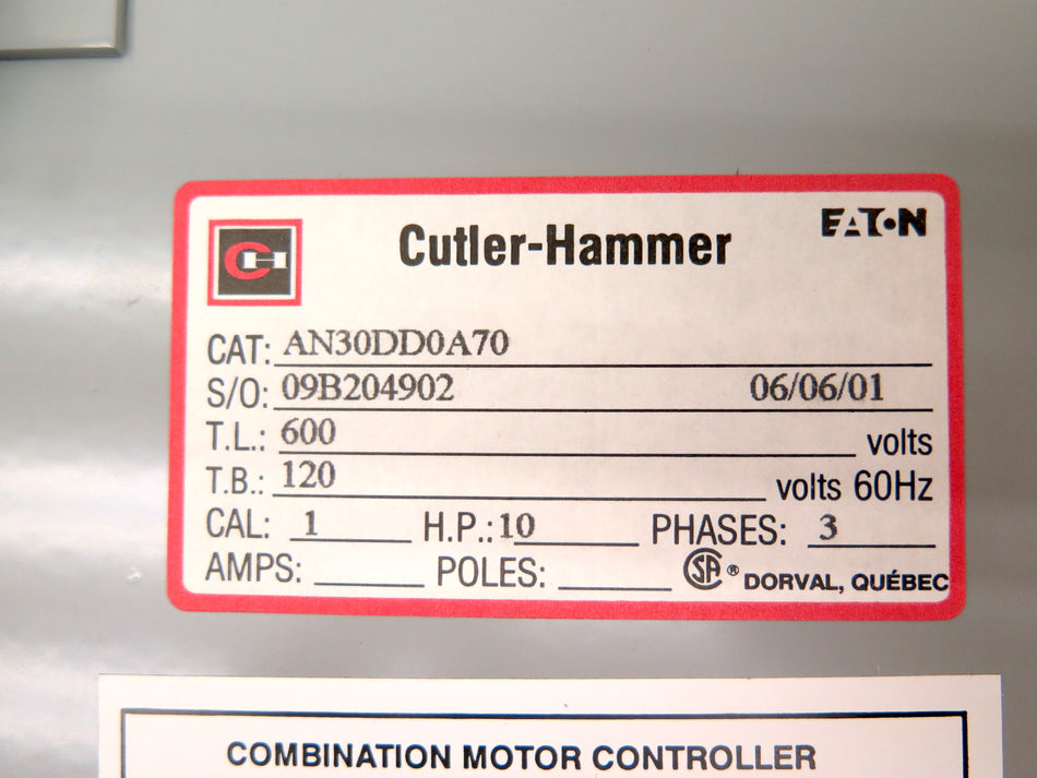 Cutler-Hammer 2A92907G31 / AN30DD0A70 10HP Combination Motor Controller GRANBY - Advance Operations