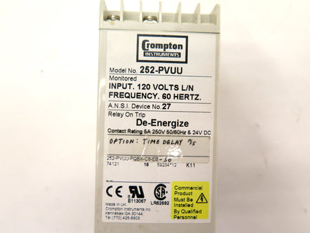 Crompton 252-PVUU Protector Relay 120V DE-Energize - Advance Operations