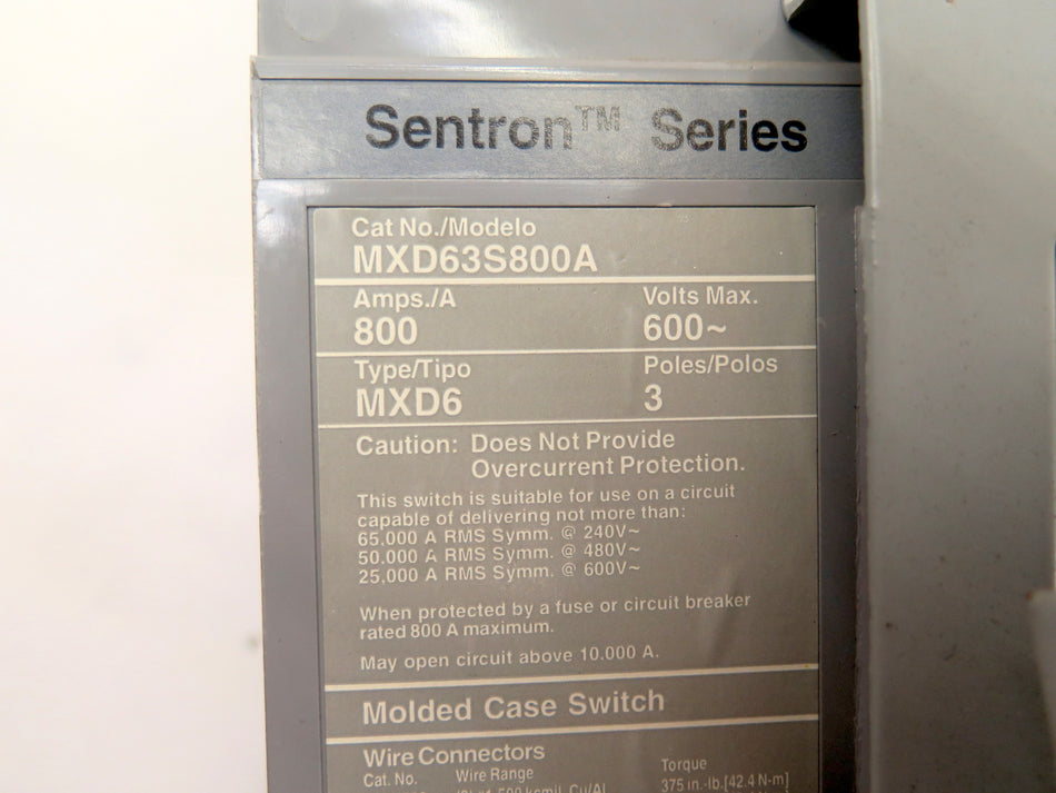 Siemens MXD63S800A 800A 3P 600V Molded Case Switch - Advance Operations