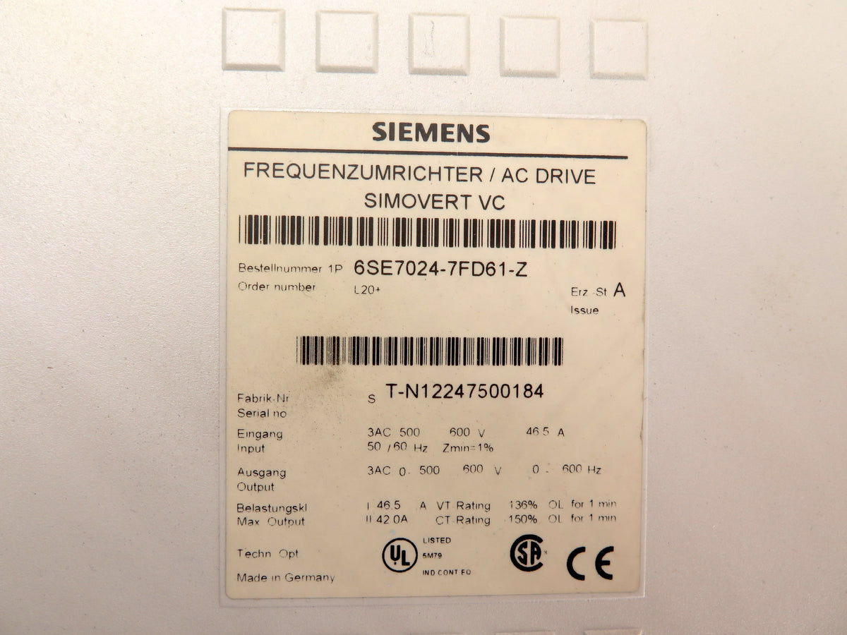 Siemens 6SE7024-7FD61-Z AC Drive Simovert VC Ser.A - Advance Operations