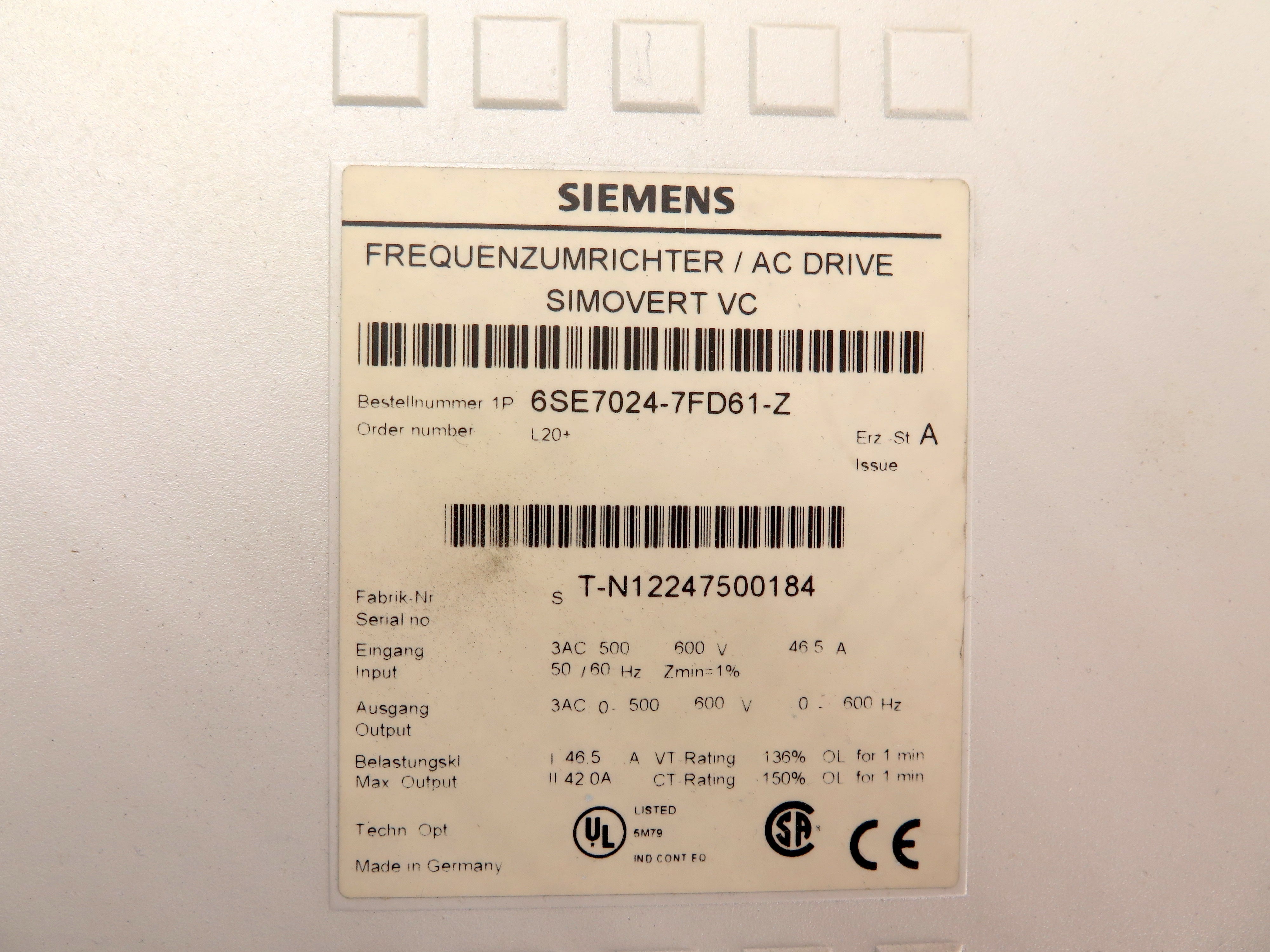 Siemens 6SE7024-7FD61-Z AC Drive Simovert VC Ser.A - Advance Operations