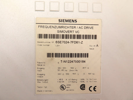Siemens 6SE7024-7FD61-Z AC Drive Simovert VC Ser.A - Advance Operations