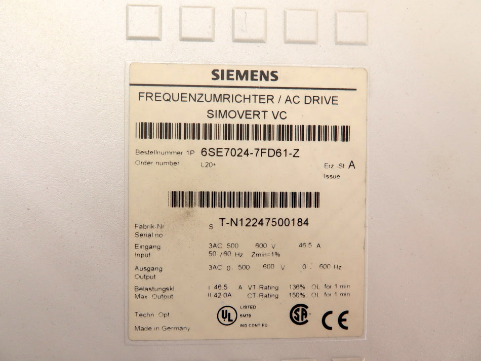 Siemens 6SE7024-7FD61-Z AC Drive Simovert VC Ser.A - Advance Operations