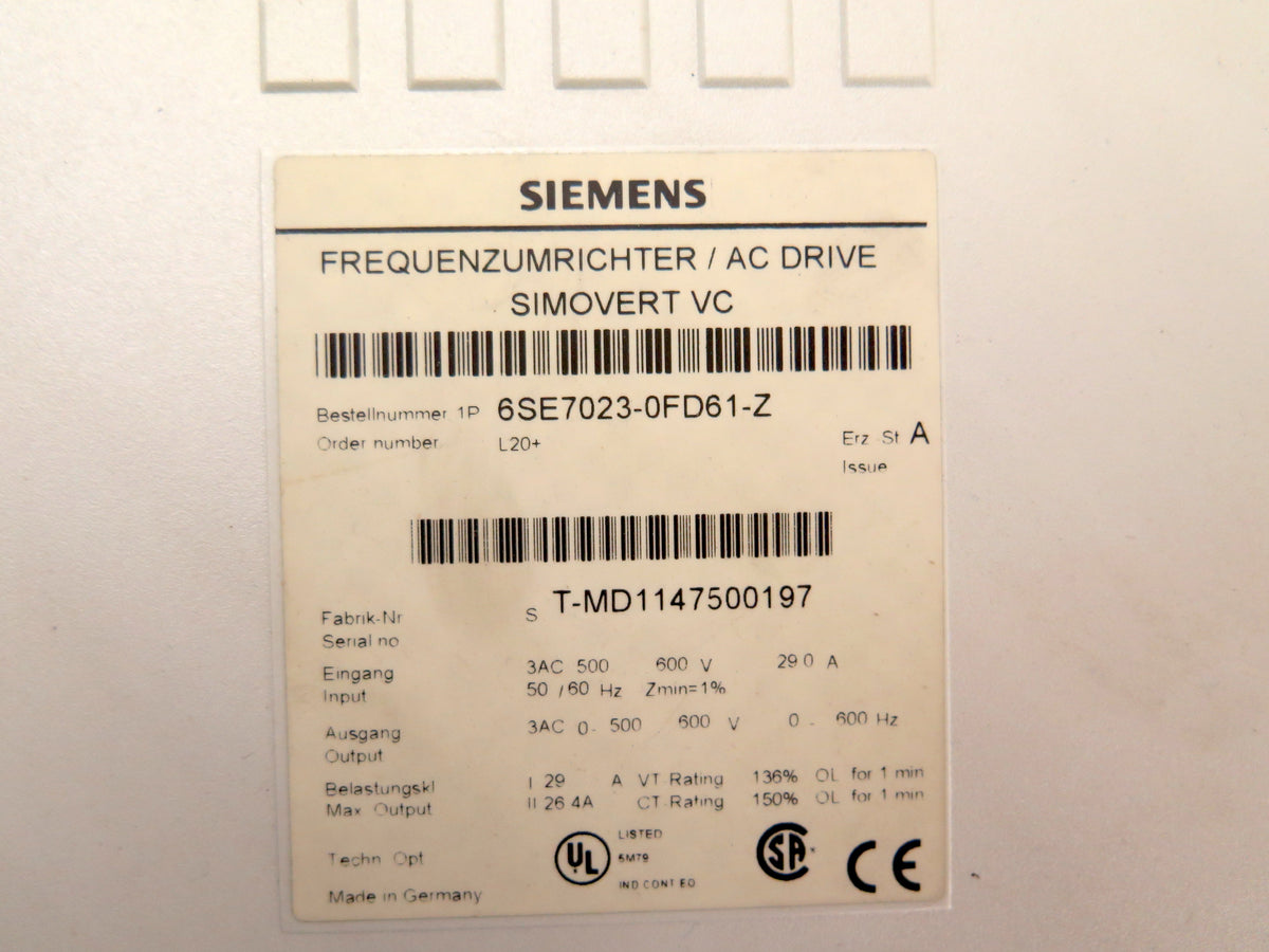Siemens 6SE7023 0FD61 Z AC Drive Simovert VC 600V Advance Operations siemens-6se7023-0fd61-z-ac-drive-simovert-vc-600v-advance-operations