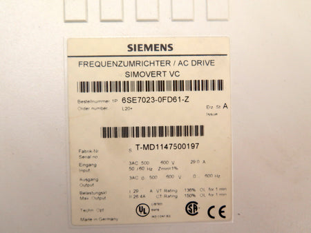 Siemens 6SE7023-0FD61-Z AC Drive Simovert VC 600V - Advance Operations