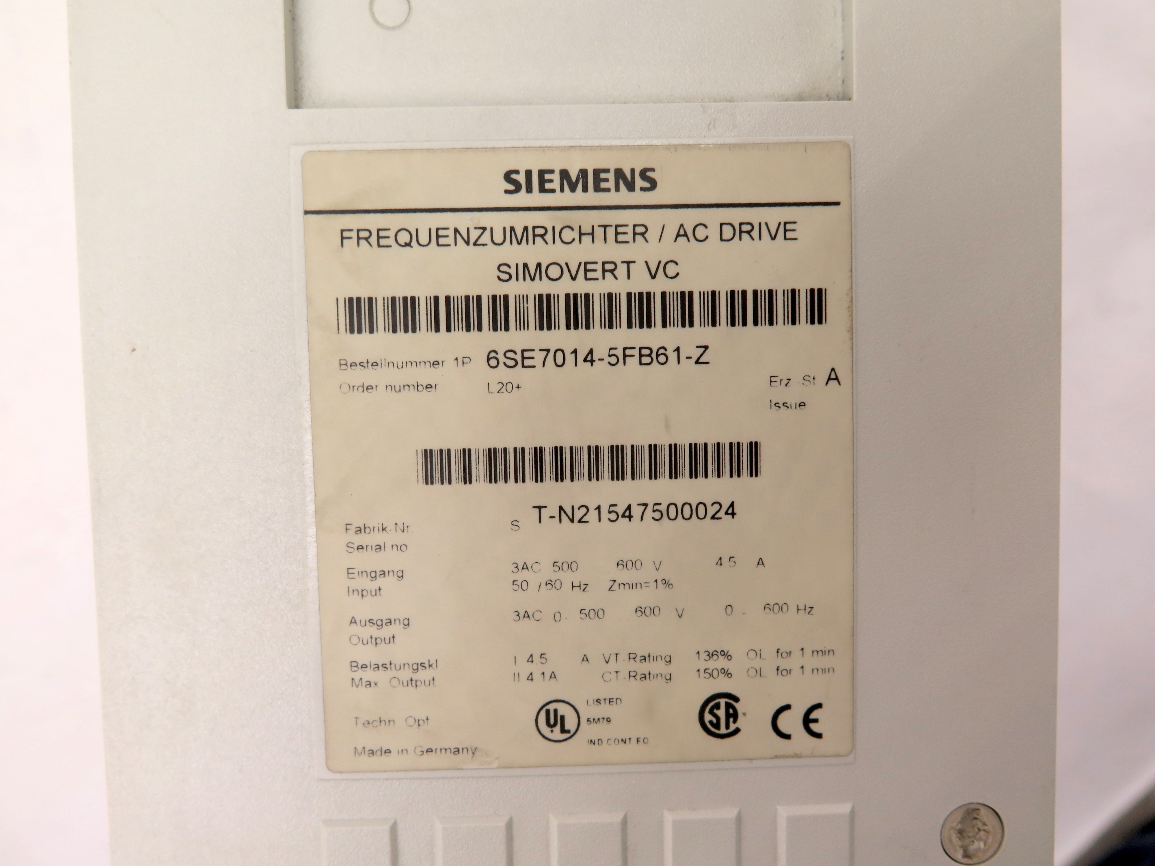 Siemens 6SE7014-5FB61-Z AC Drive Simovert VC - Advance Operations