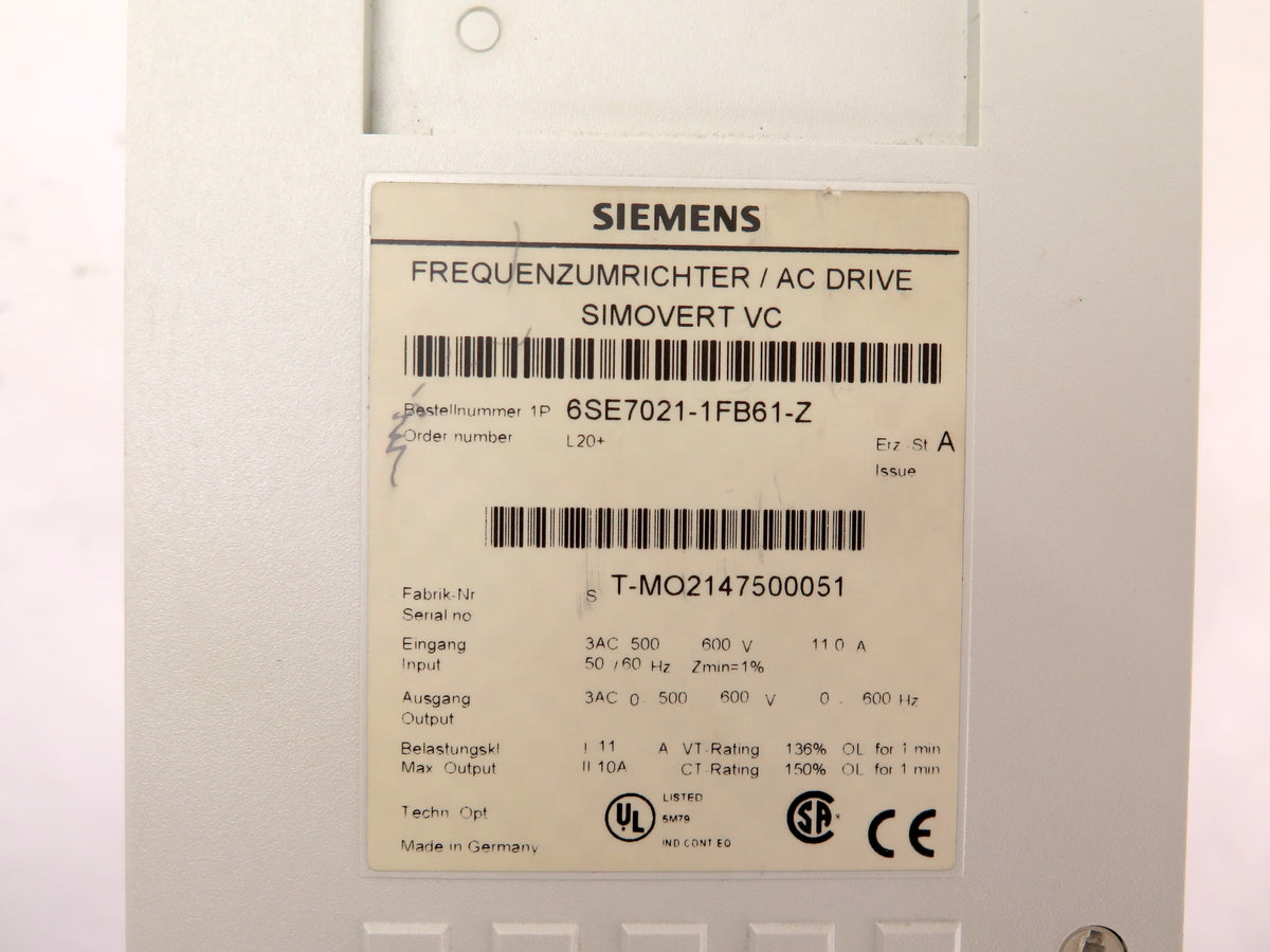 Siemens 6SE7021-1FB61-Z AC Drive Simovert VC 600V - Advance Operations