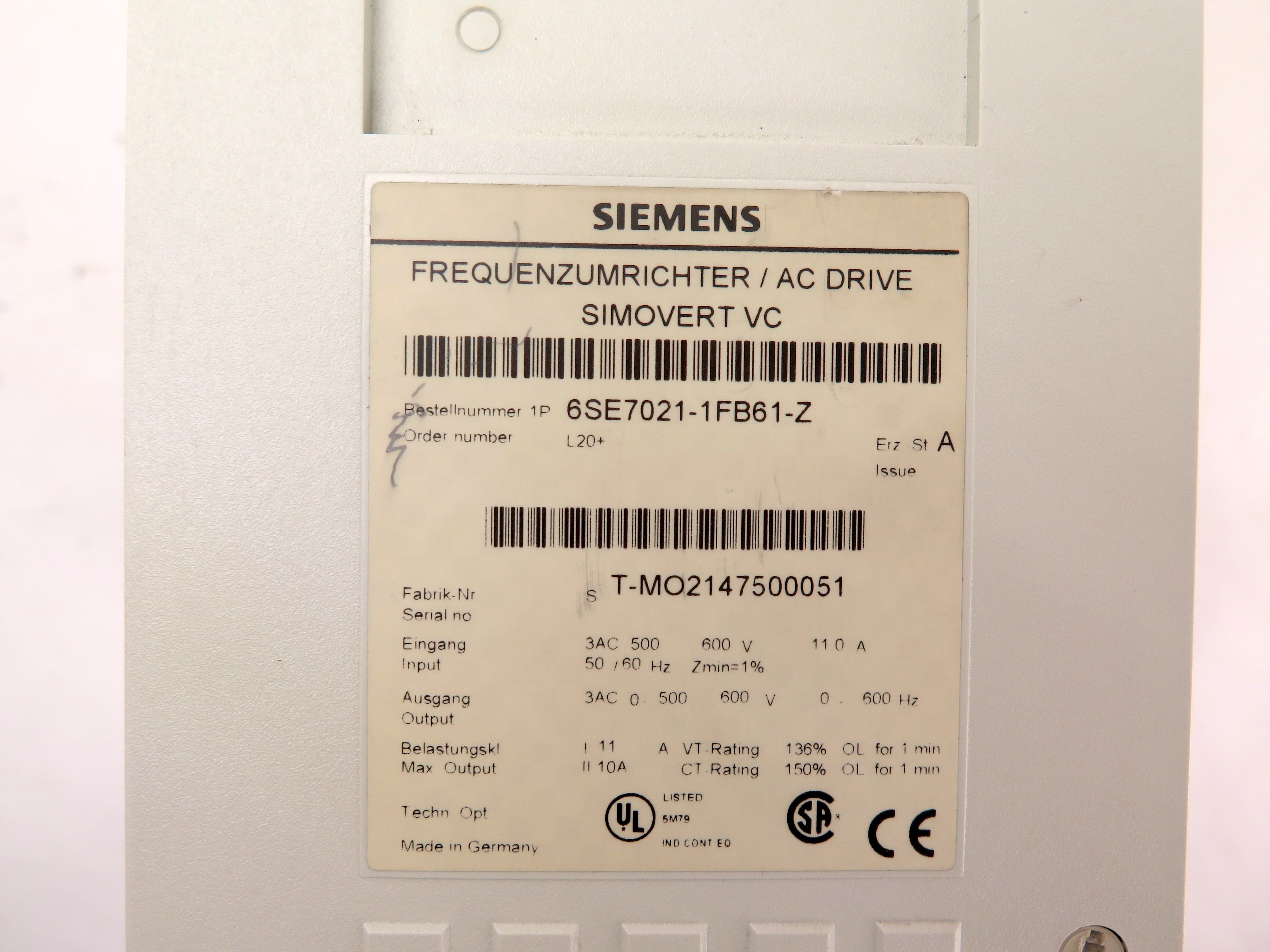 Siemens 6SE7021-1FB61-Z AC Drive Simovert VC 600V - Advance Operations