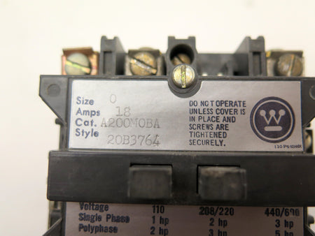 Westinghouse A200M0BA 110-600Vac 5HP Motor Starter - Advance Operations