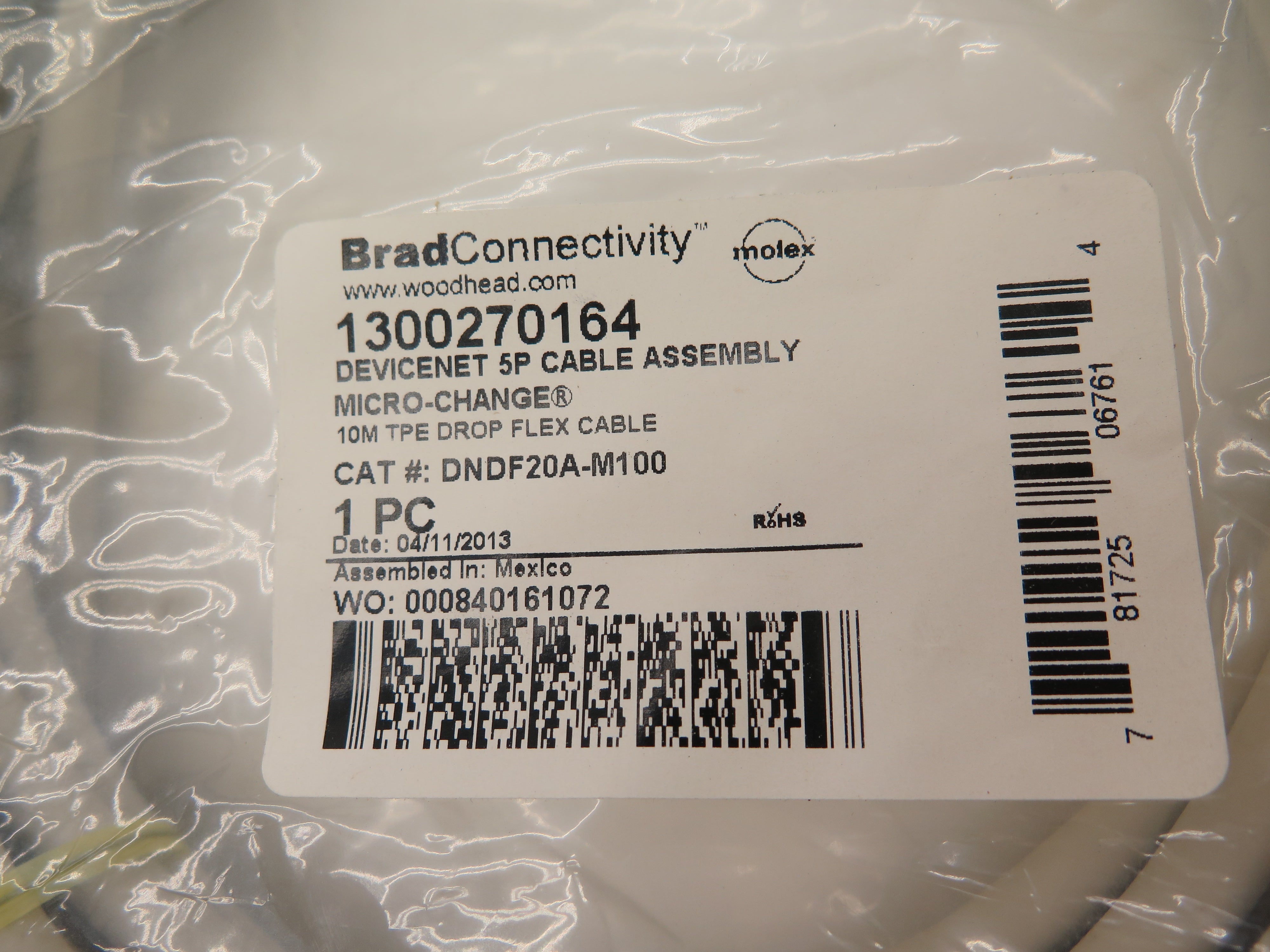 Molex / Woodhead 1300270164 DeviceNet 5P Cable Assembly Micro-Change - Advance Operations