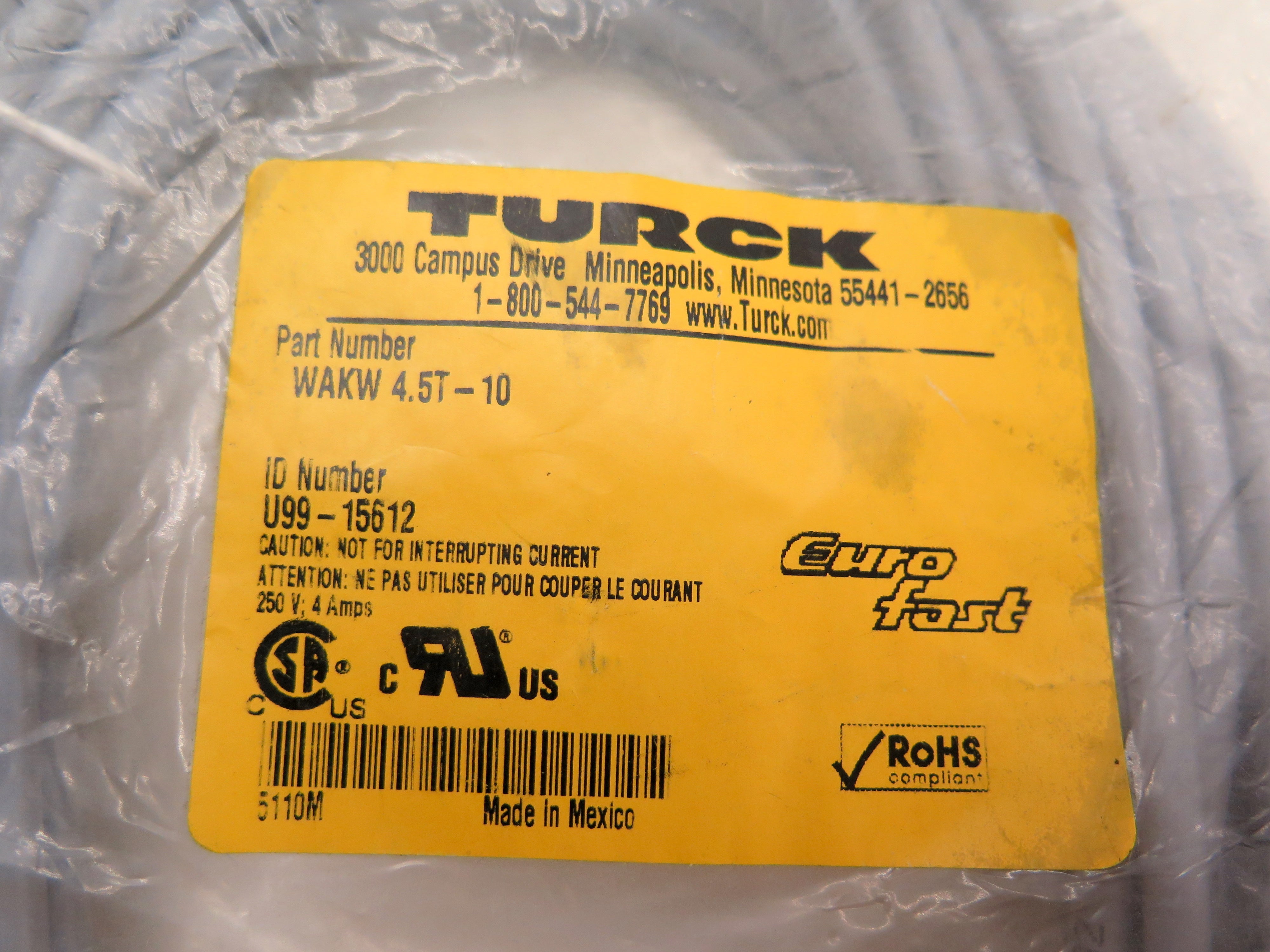 Turck U99-15612 EuroFast Cordset WAKW 4.5T-10 - Advance Operations