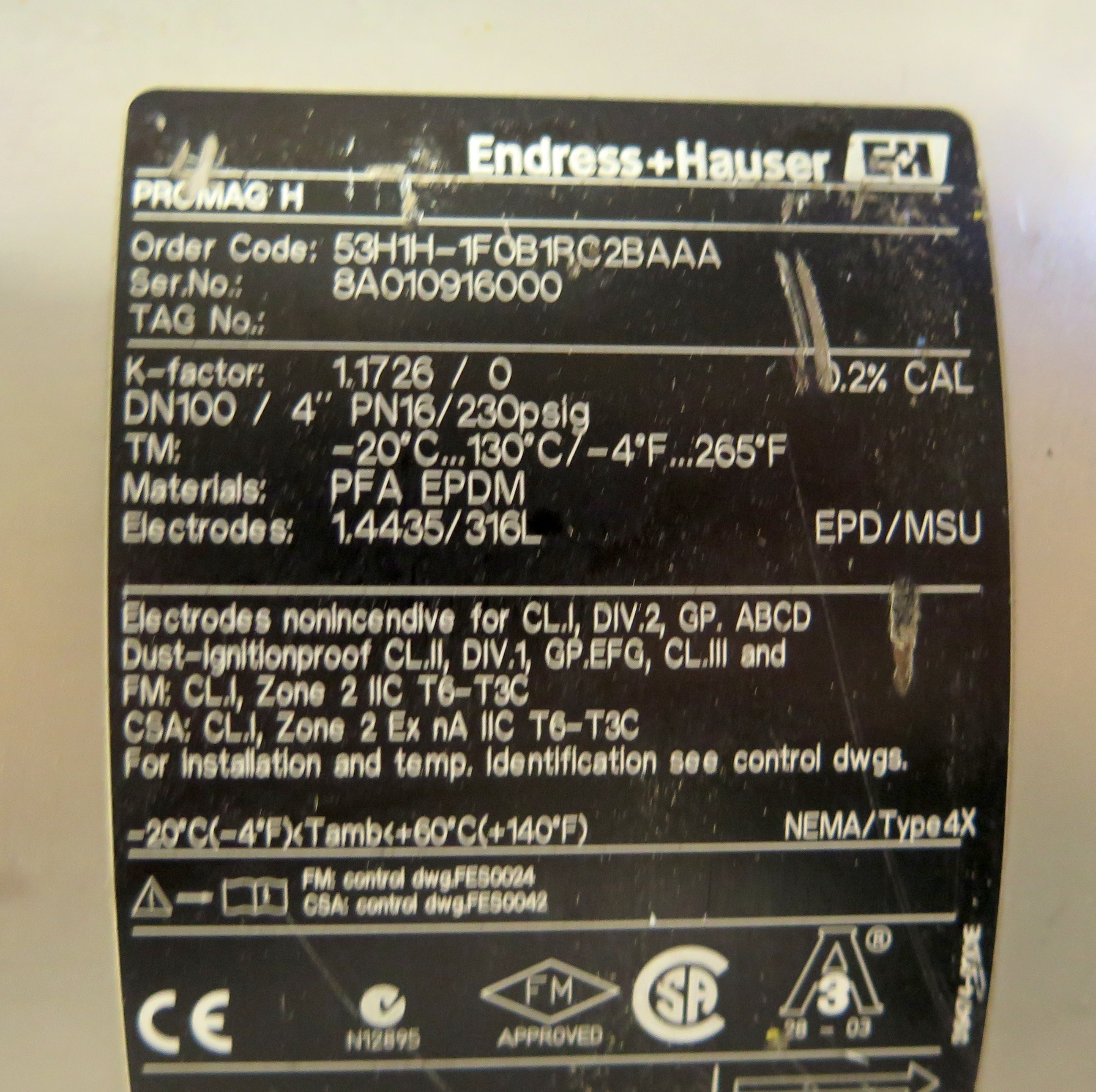 Endress + Hauser 53H1H-1F0B1RC2BAAA Promag H Flow Meter Stainless Steel 3.5" - Advance Operations