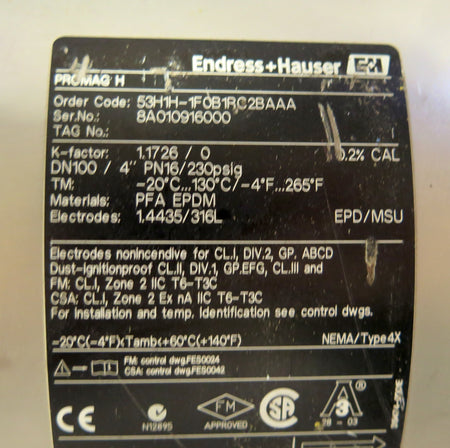 Endress + Hauser 53H1H-1F0B1RC2BAAA Promag H Flow Meter Stainless Steel 3.5" - Advance Operations