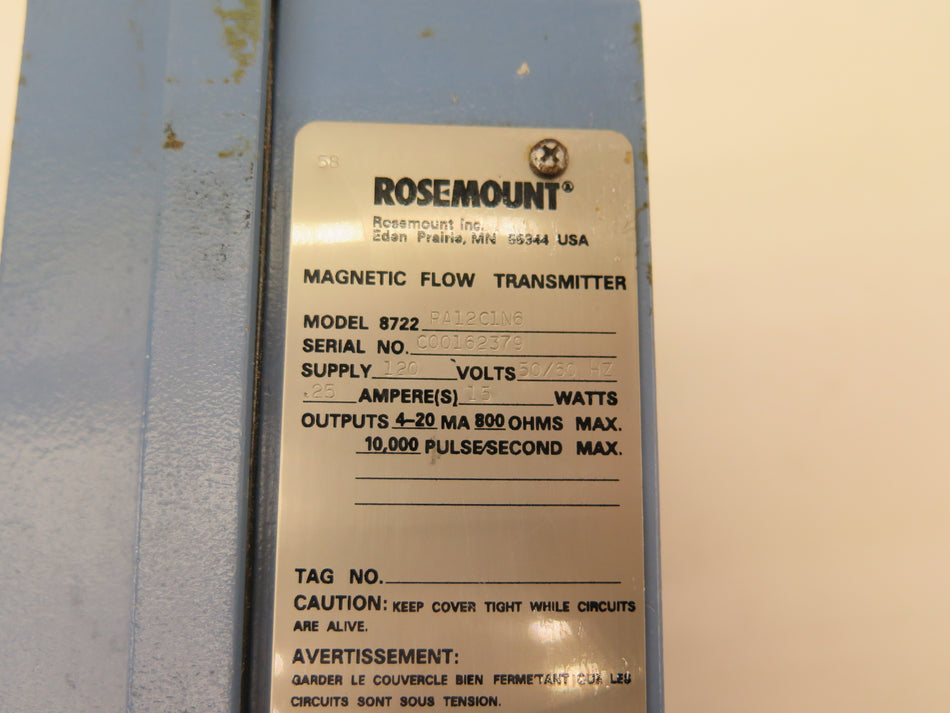 Rosemount Model 8722 RA12C1N6 Magnetic Flowmeter 120V 15W - Advance Operations