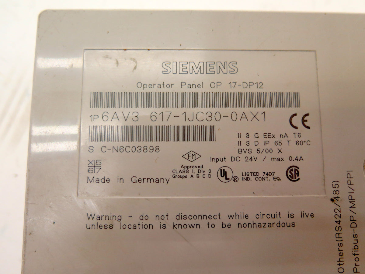 Siemens 6AV3 617-1JC30-0AX1 Operator Panel OP 17-DP12 - Advance Operations