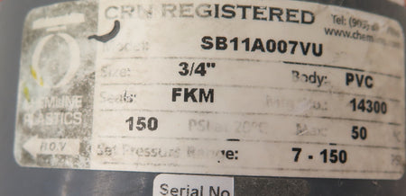 Chemline Plastic SB11A007VU Back Pressure / Relief Valve 15-150psi PVC 3/4" - Advance Operations