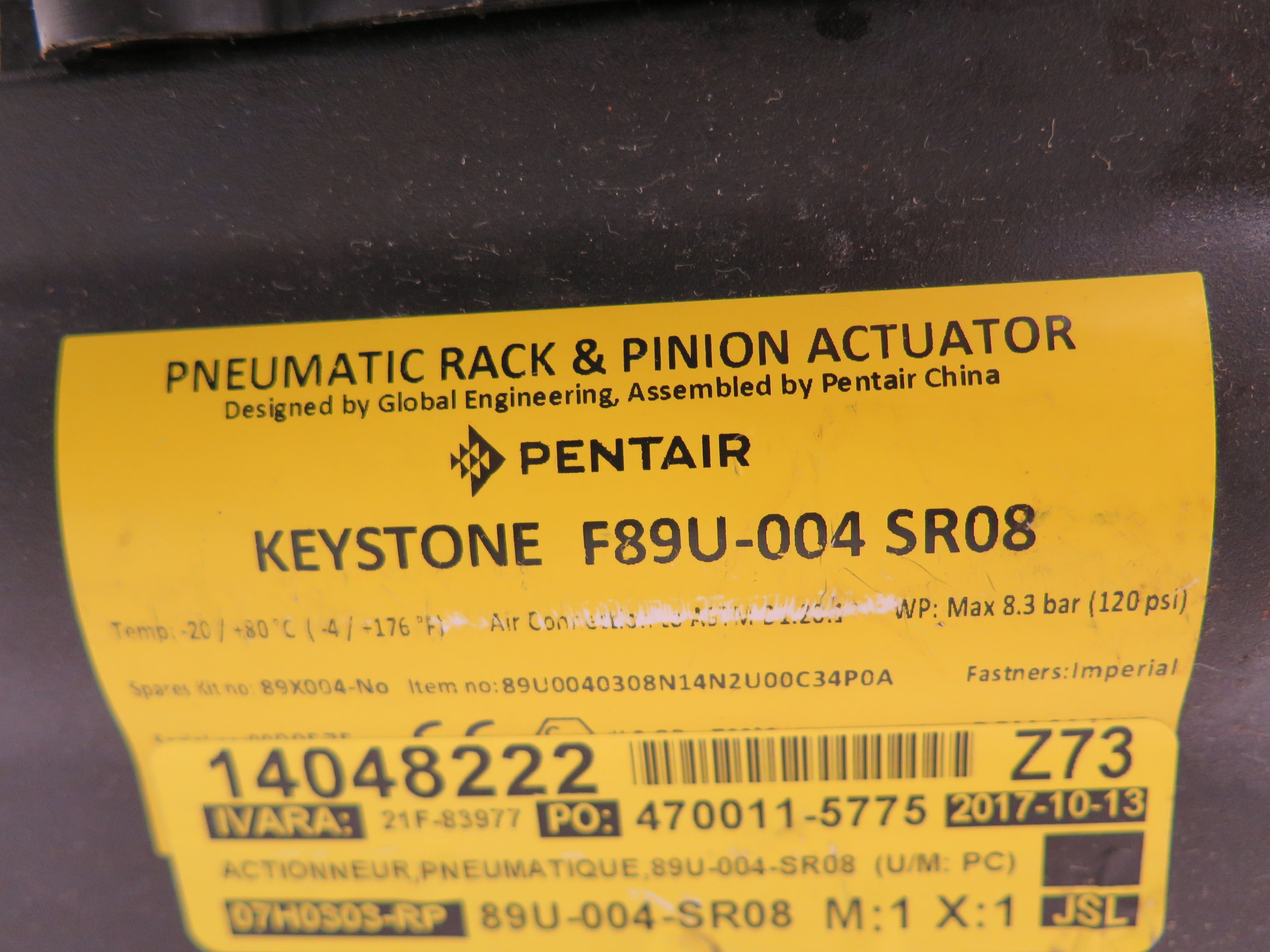 Keystone F89U-004 SR08 Pneumatic Rack & Pinion Actuator & 2007NBY2B2M0200 - Advance Operations