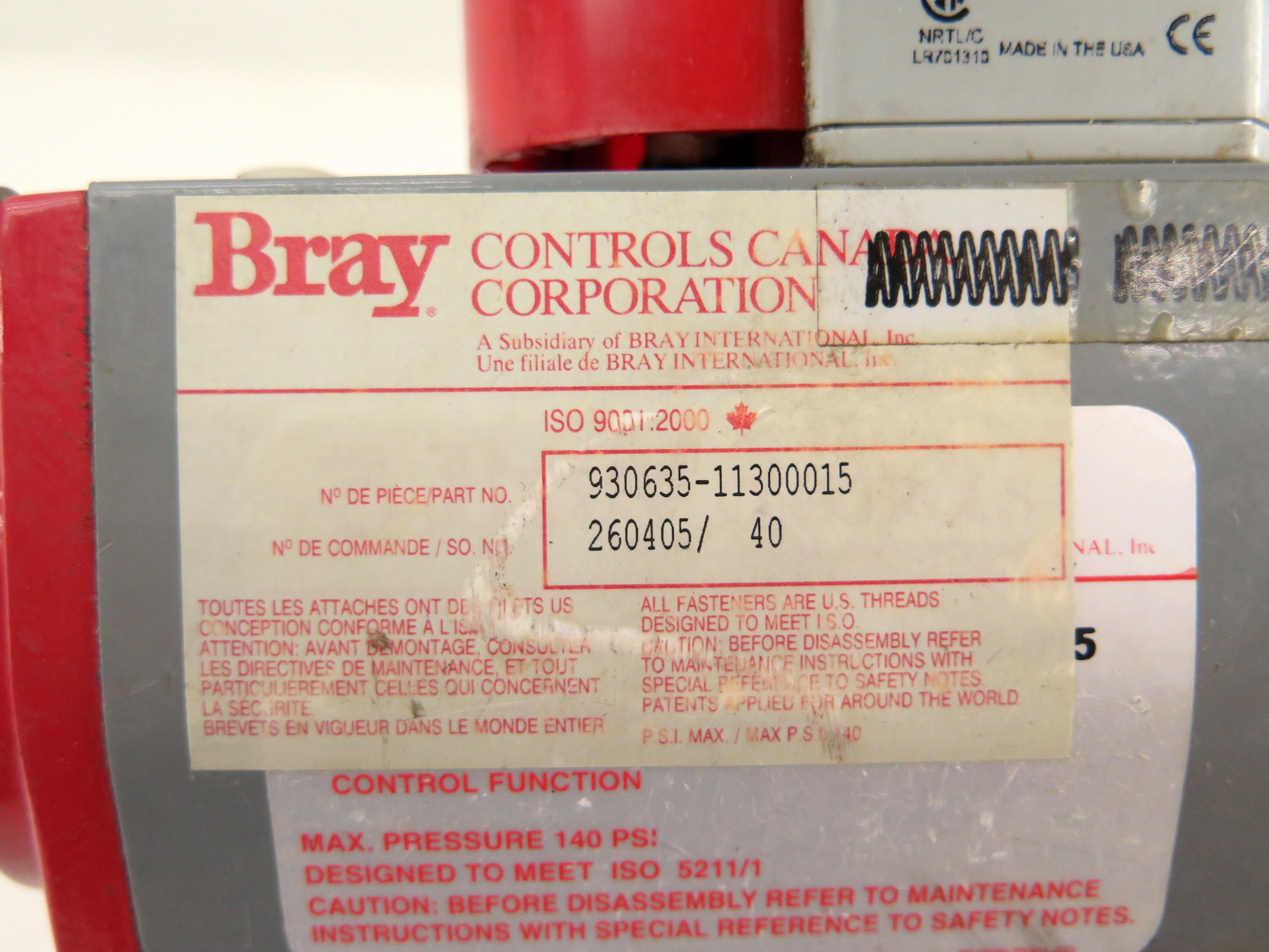Bray 930635-11300015 Pneumatic Actuator & Valve 2" - Advance Operations