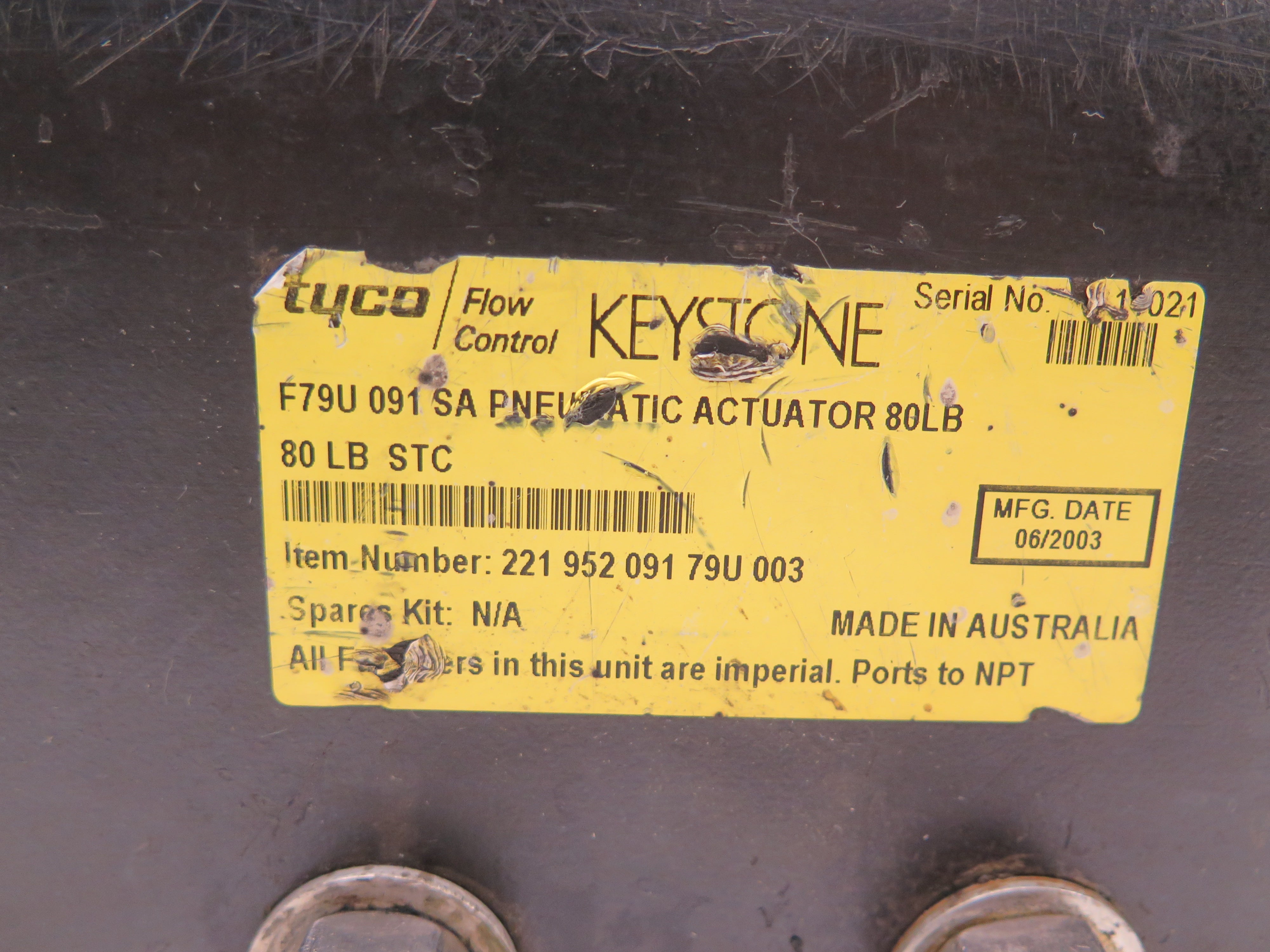Keystone / Tyco F79U 091 SA Pneumatic Actuator 80LBs - Advance Operations