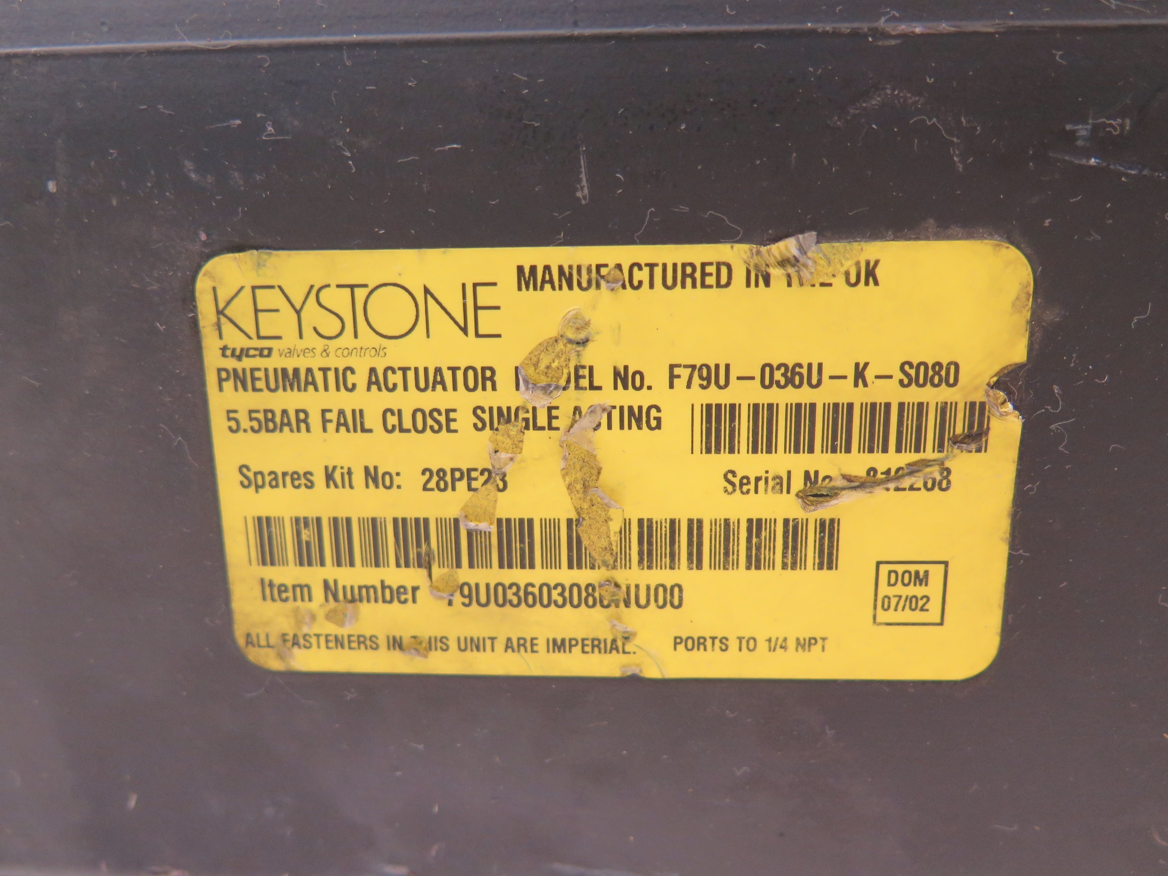 Keystone F79U-036U-K-S080 Pneumatic Actuator 5.5Bar Fail Close Single Acting - Advance Operations